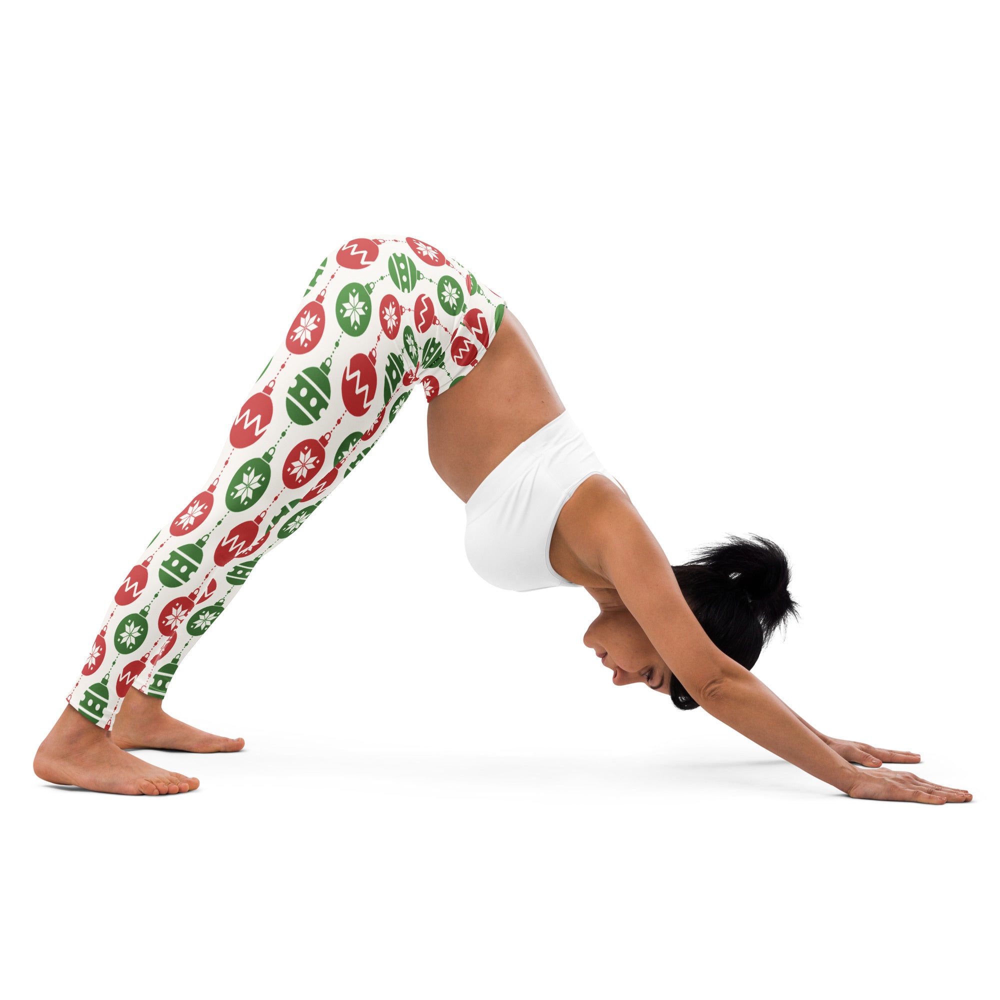 Women’s christmas ornament buttery soft yoga leggings in red and green with festive ornament pattern
