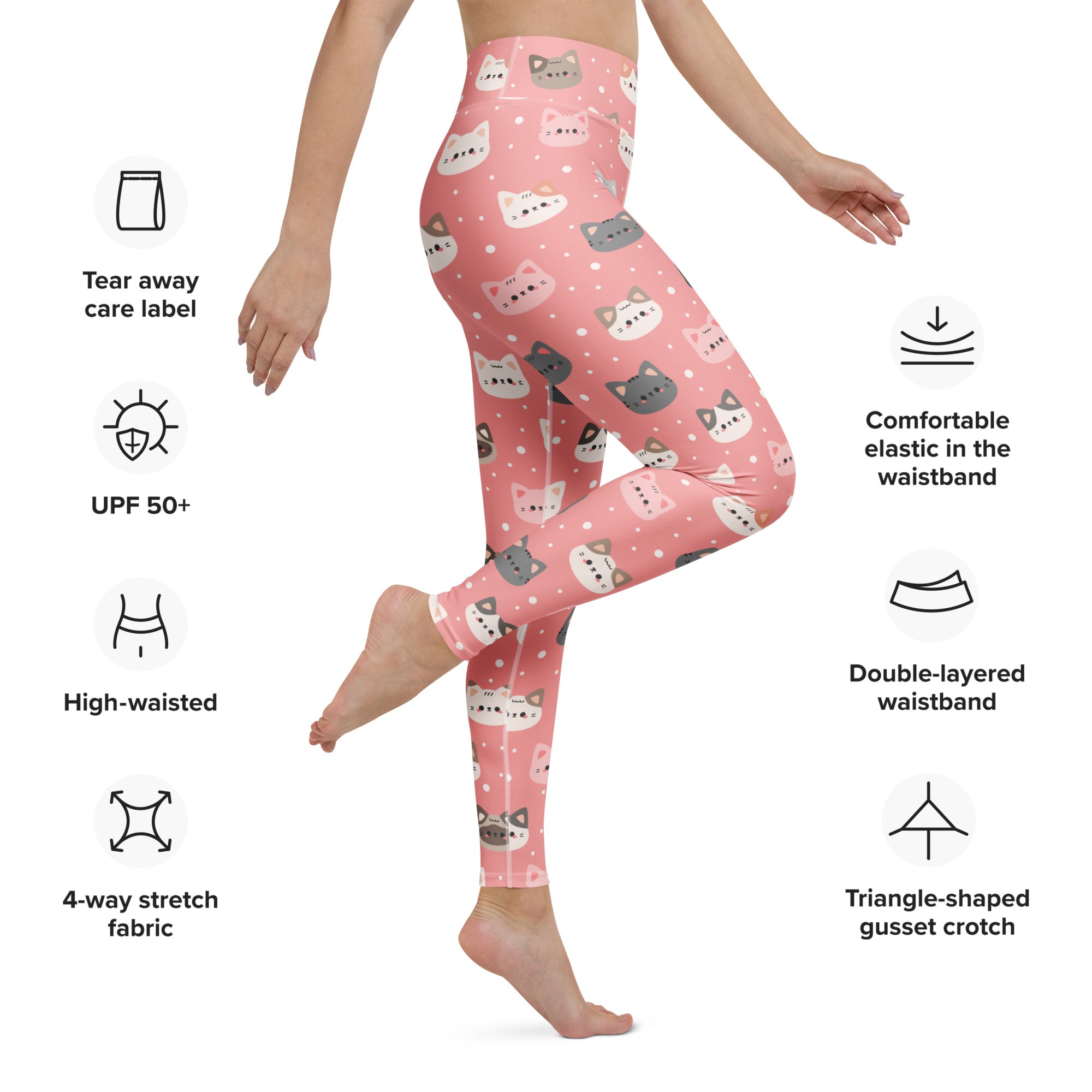 Women’s cute pink cat faces buttery soft yoga leggings with playful white and gray cartoon cats and polka dots pattern