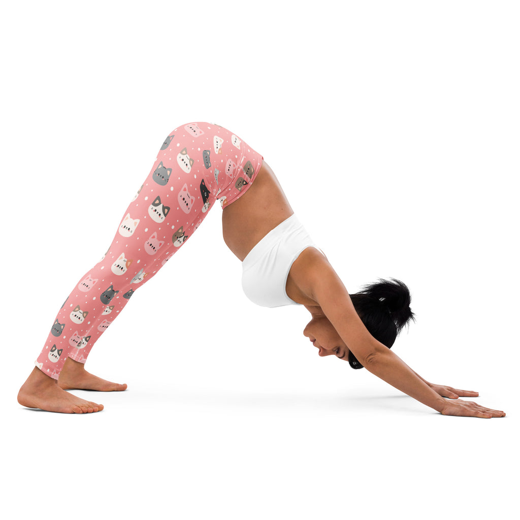 Women’s cute pink cat faces buttery soft yoga leggings with colorful cartoon cat pattern for playful comfort