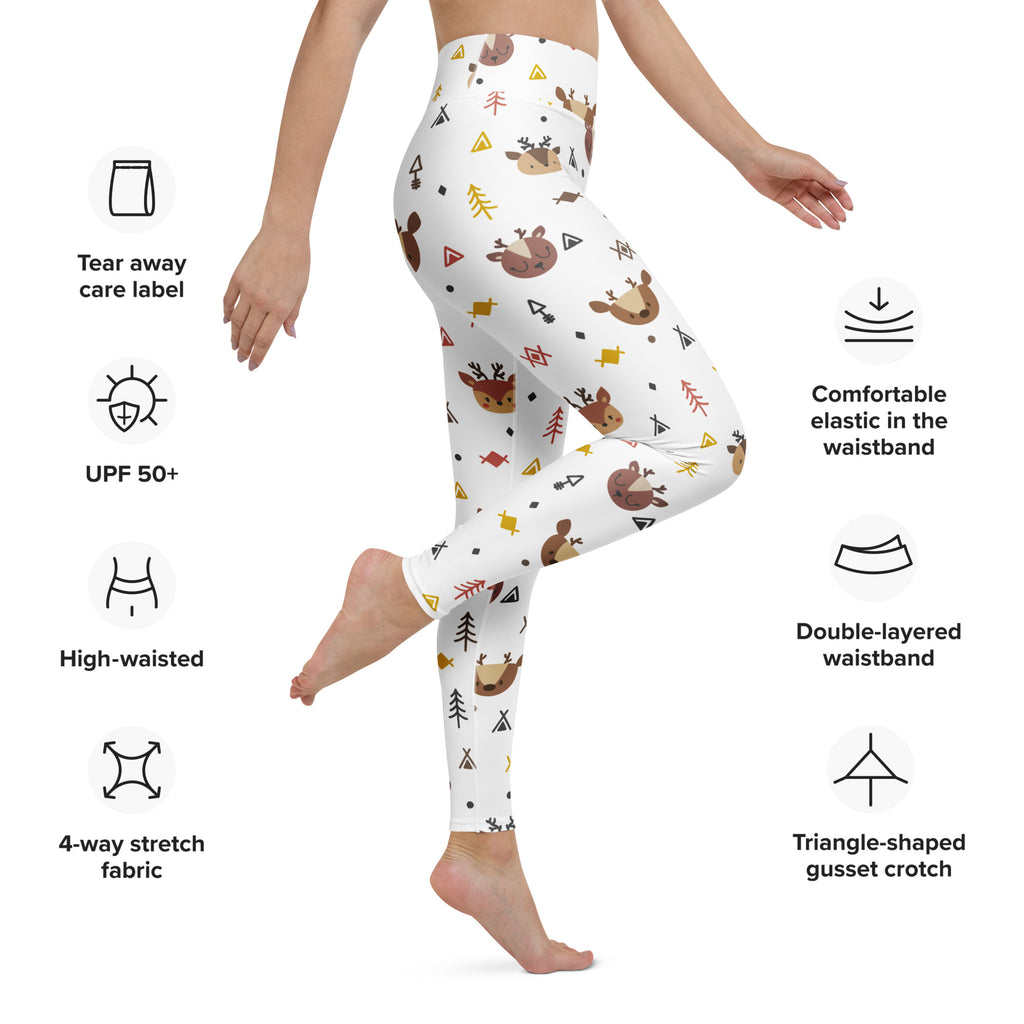 White buttery soft women’s yoga leggings with playful brown deer yellow triangles and green trees reindeer print