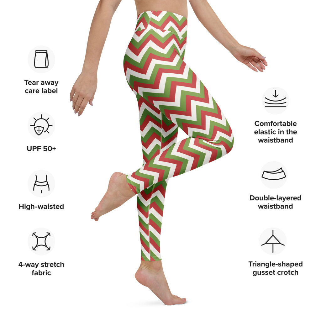 Women’s chevron christmas buttery soft yoga leggings in red green and white zigzag pattern made of 4-way stretch fabric