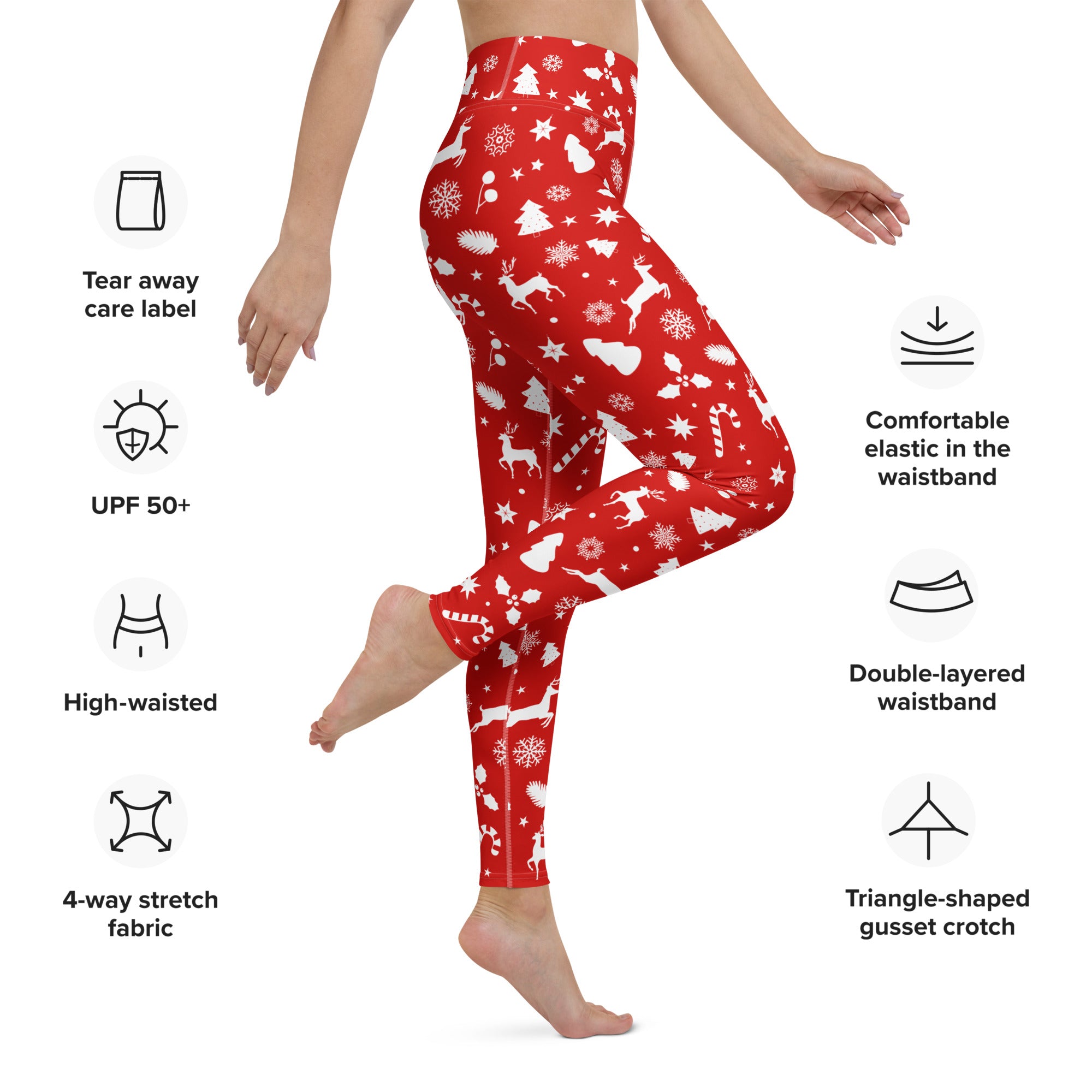 Women’s red high-waisted buttery soft yoga leggings with white snowflakes reindeer and candy cane Christmas print