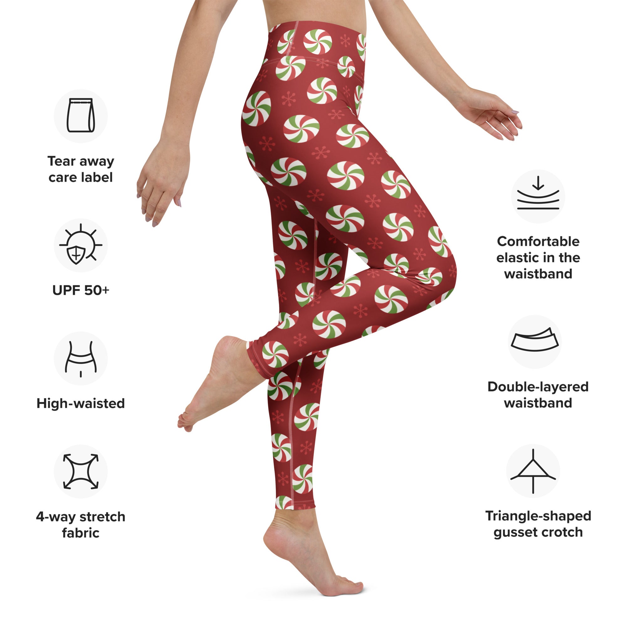 Women’s peppermint candy christmas buttery soft red high-waisted leggings with green and white peppermint pattern