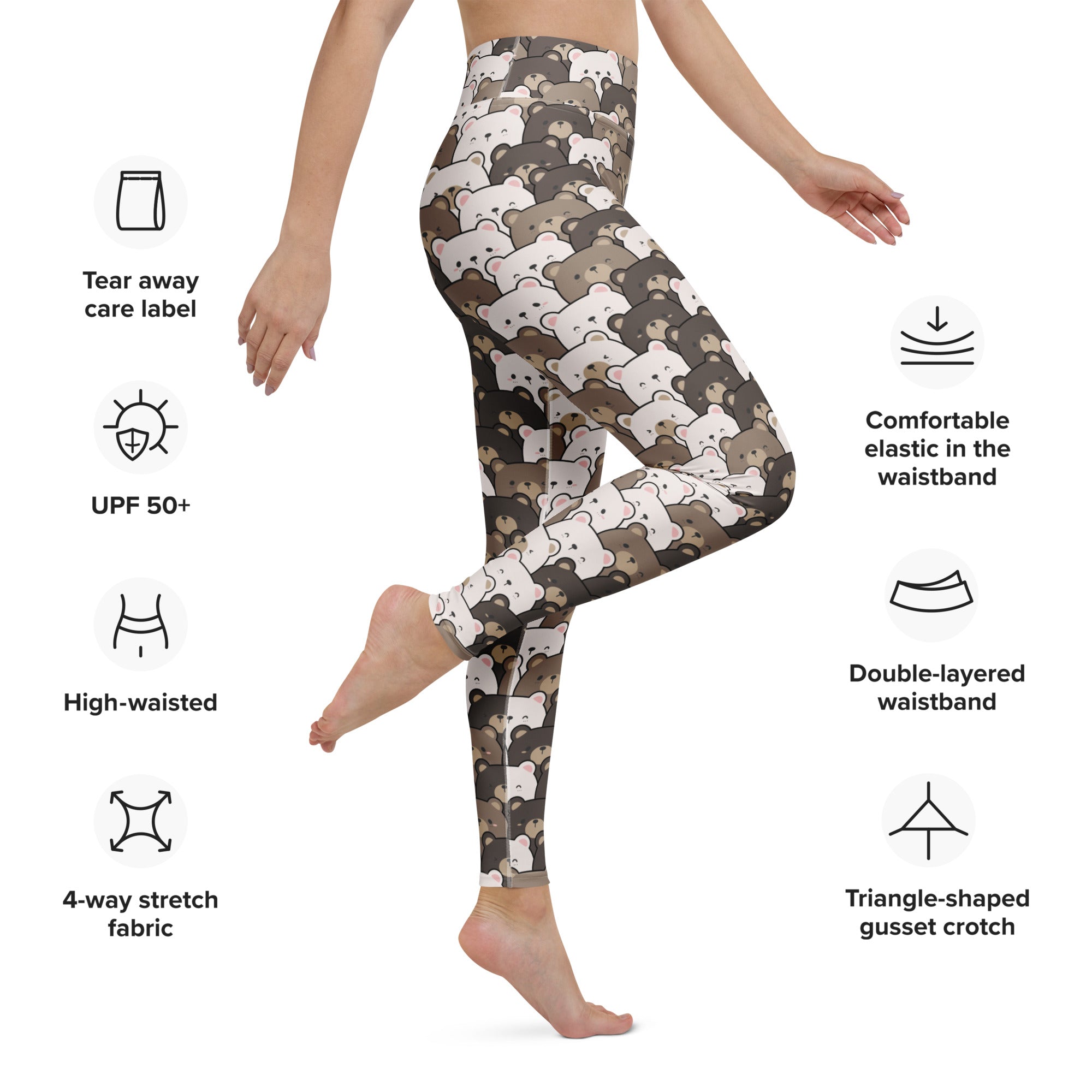 Women’s bear face buttery soft yoga leggings with high waist and playful white and brown bear pattern on dark gray 4-way stretch fabric