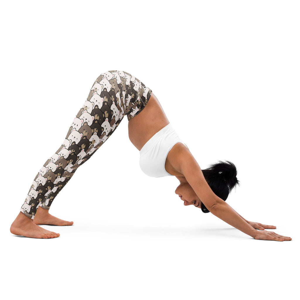 Women’s buttery soft yoga leggings with playful cartoon bear pattern in shades of brown beige and white