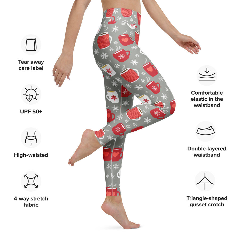 Women’s gray buttery soft yoga leggings with festive red and white coffee mugs and snowflakes hot cocoa pattern