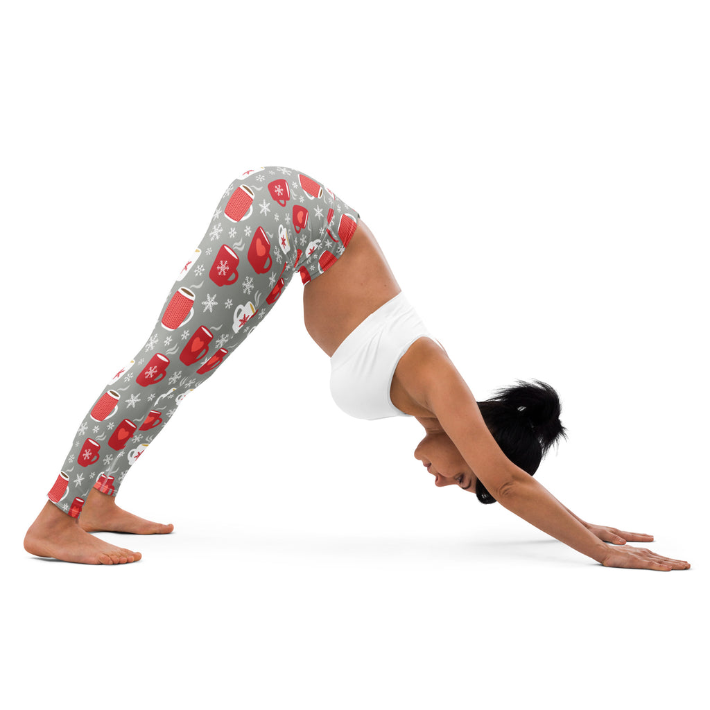 Women’s buttery soft gray yoga leggings with festive red mugs and white snowflakes hot cocoa pattern