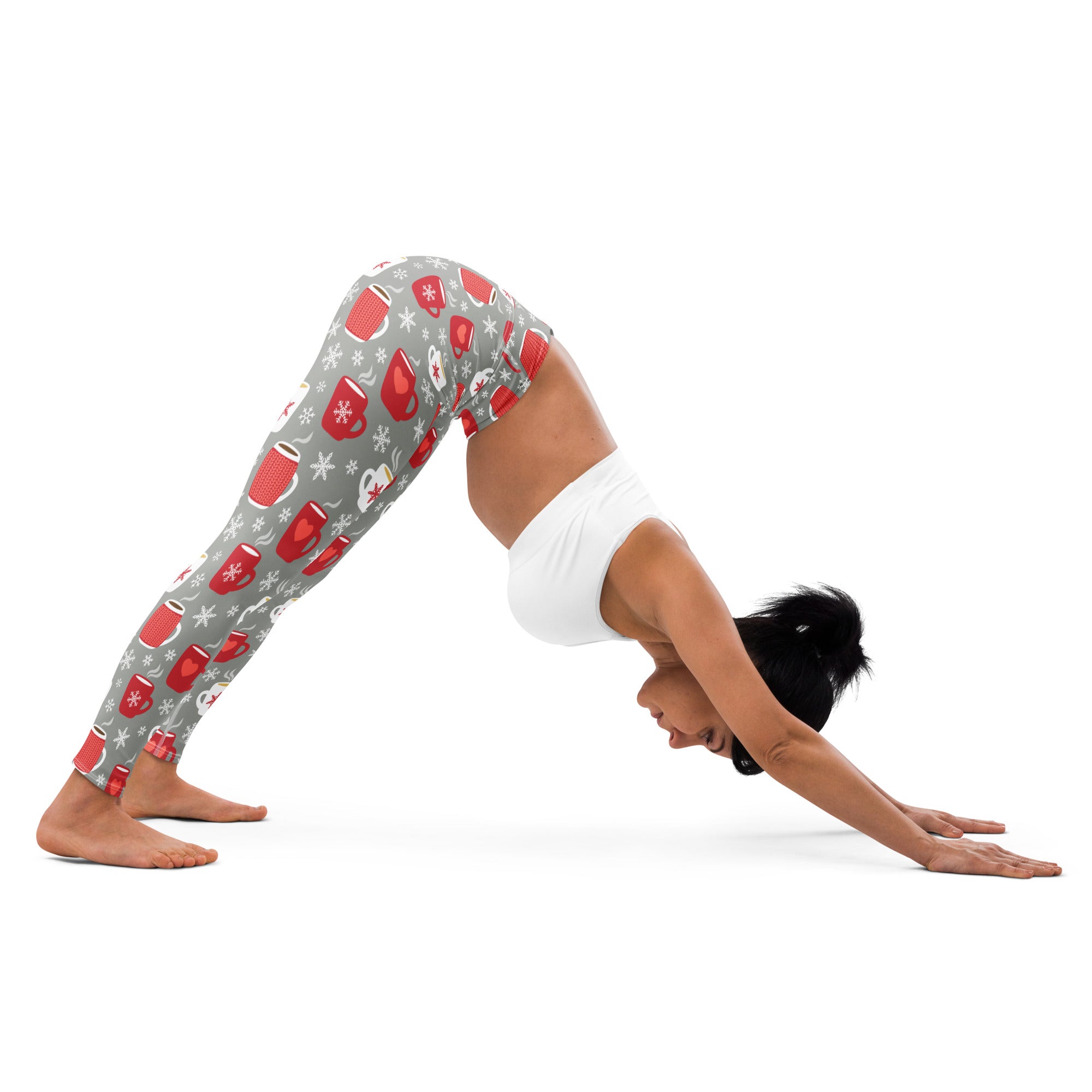 Women’s buttery soft gray yoga leggings with festive red mugs and white snowflakes hot cocoa pattern