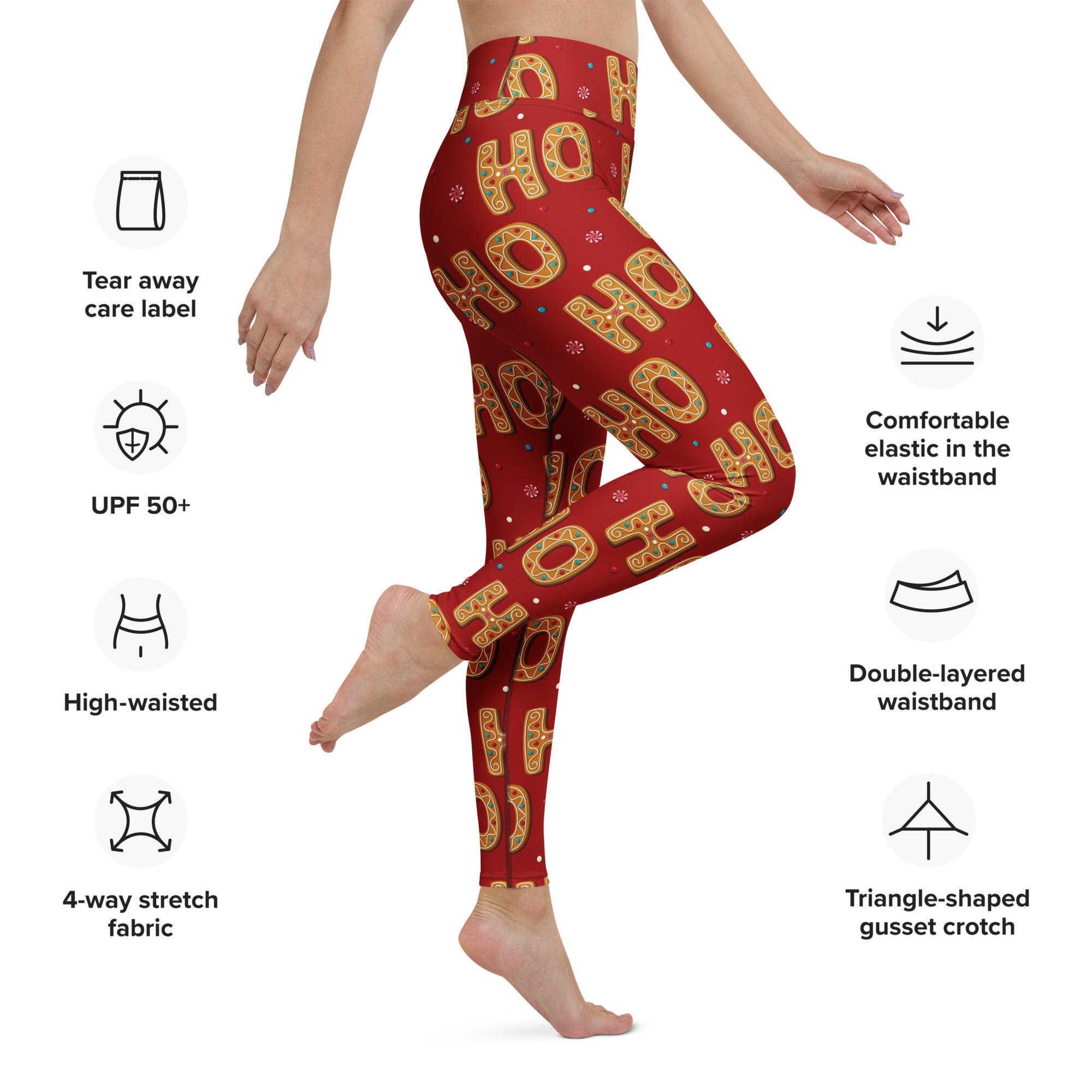 Women’s red high-waisted buttery soft yoga leggings with festive gold and white ho ho ho pattern