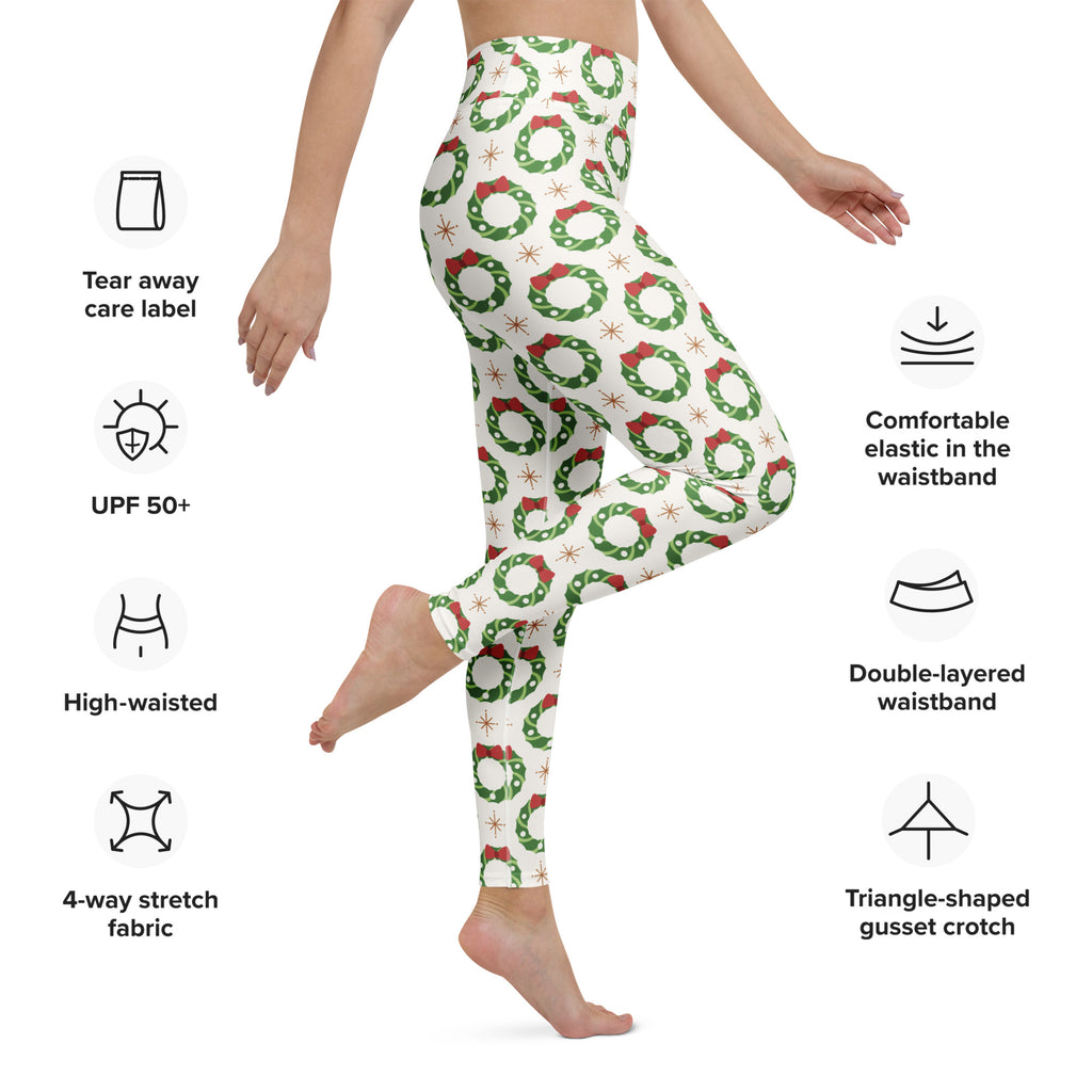 Women’s christmas wreath buttery soft white leggings with green wreath pattern red bows and star accents