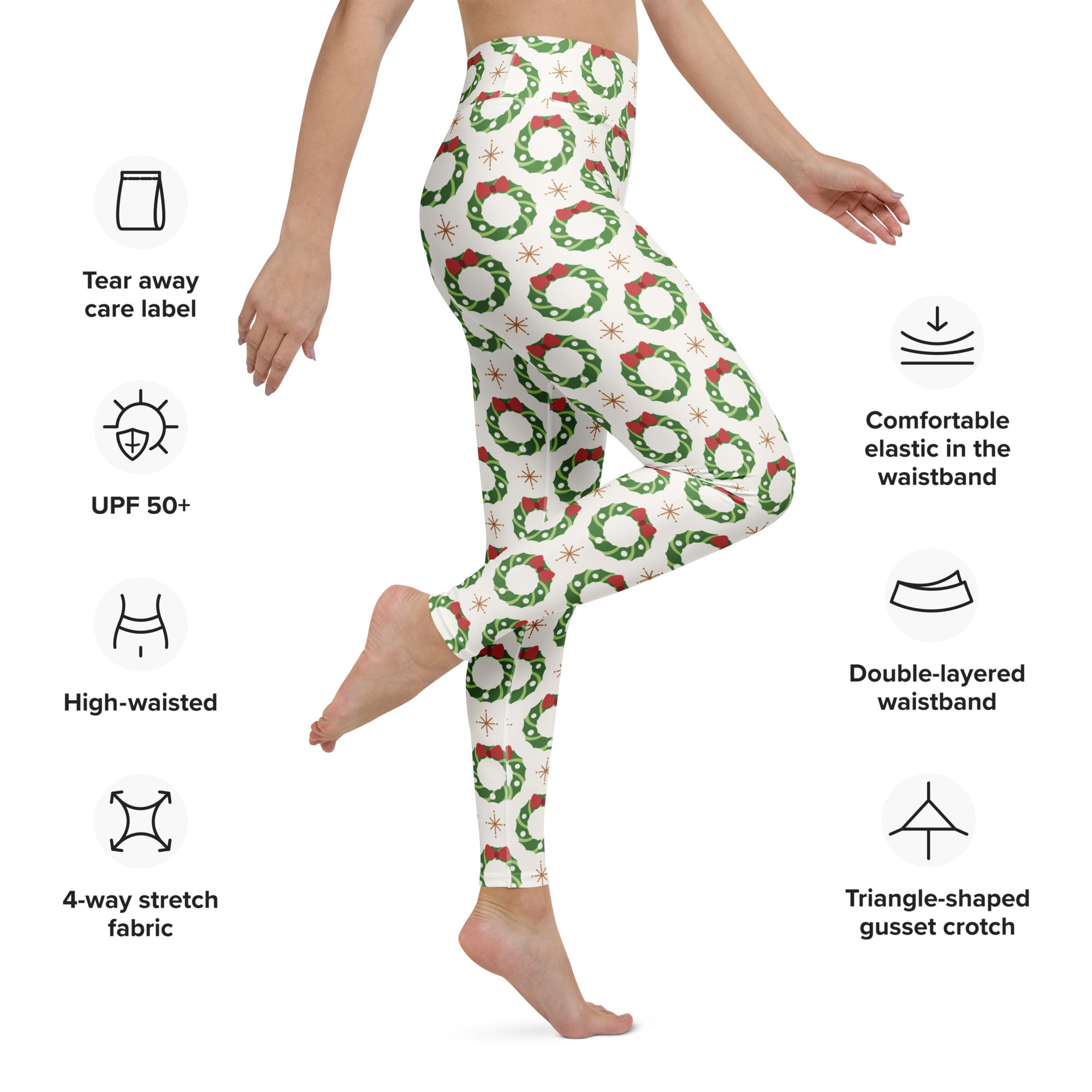 Women’s christmas wreath buttery soft white leggings with green wreath pattern red bows and star accents