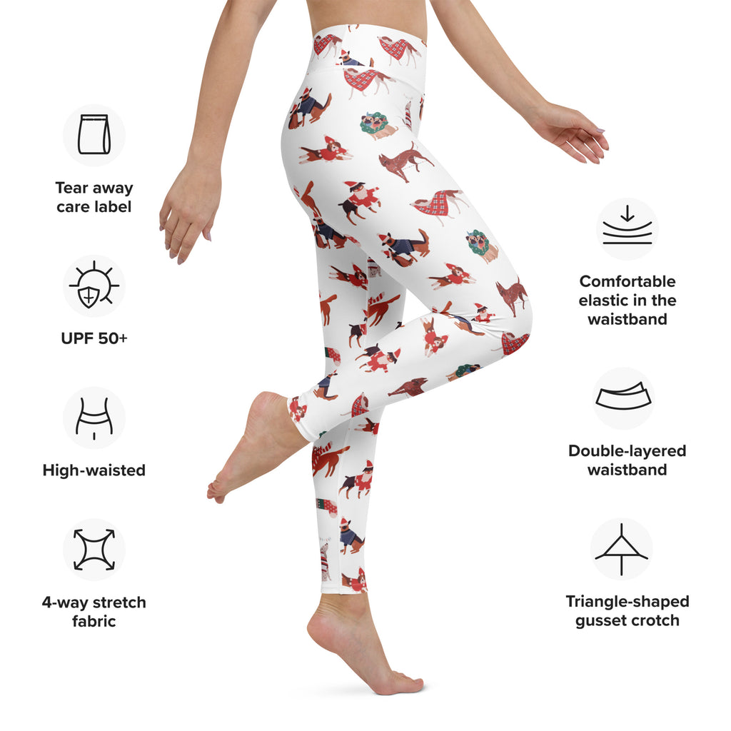 White buttery soft yoga leggings featuring a playful pattern of illustrated dogs in various poses and outfits