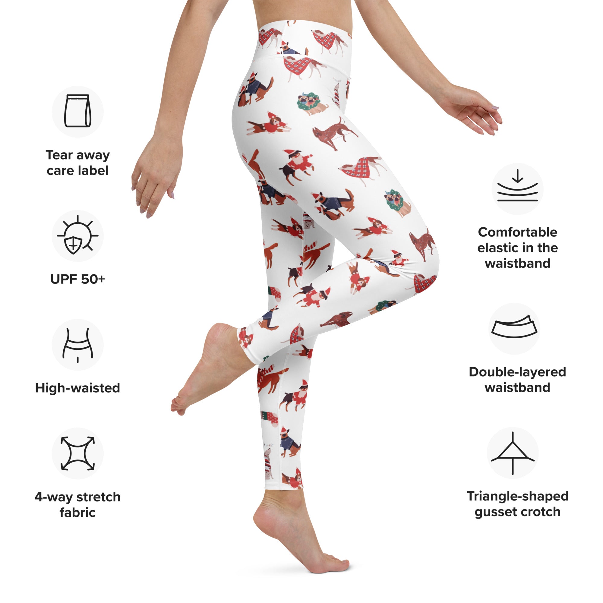 White buttery soft yoga leggings featuring a playful pattern of illustrated dogs in various poses and outfits