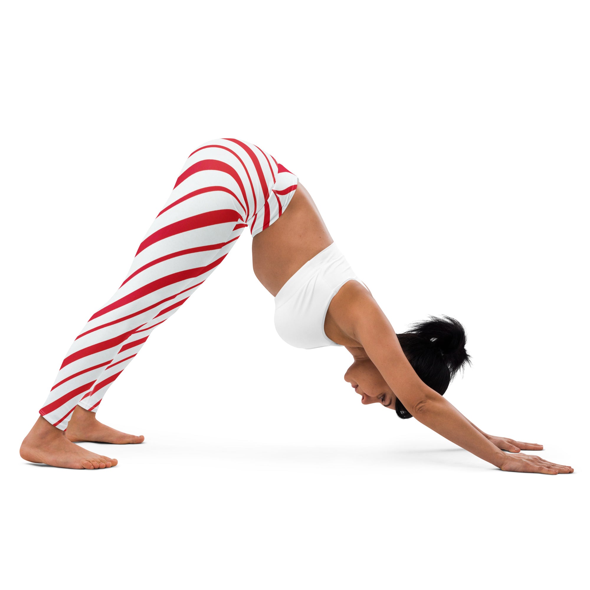 Women’s candy cane stripe buttery soft yoga leggings with red and white striped candy cane pattern front view