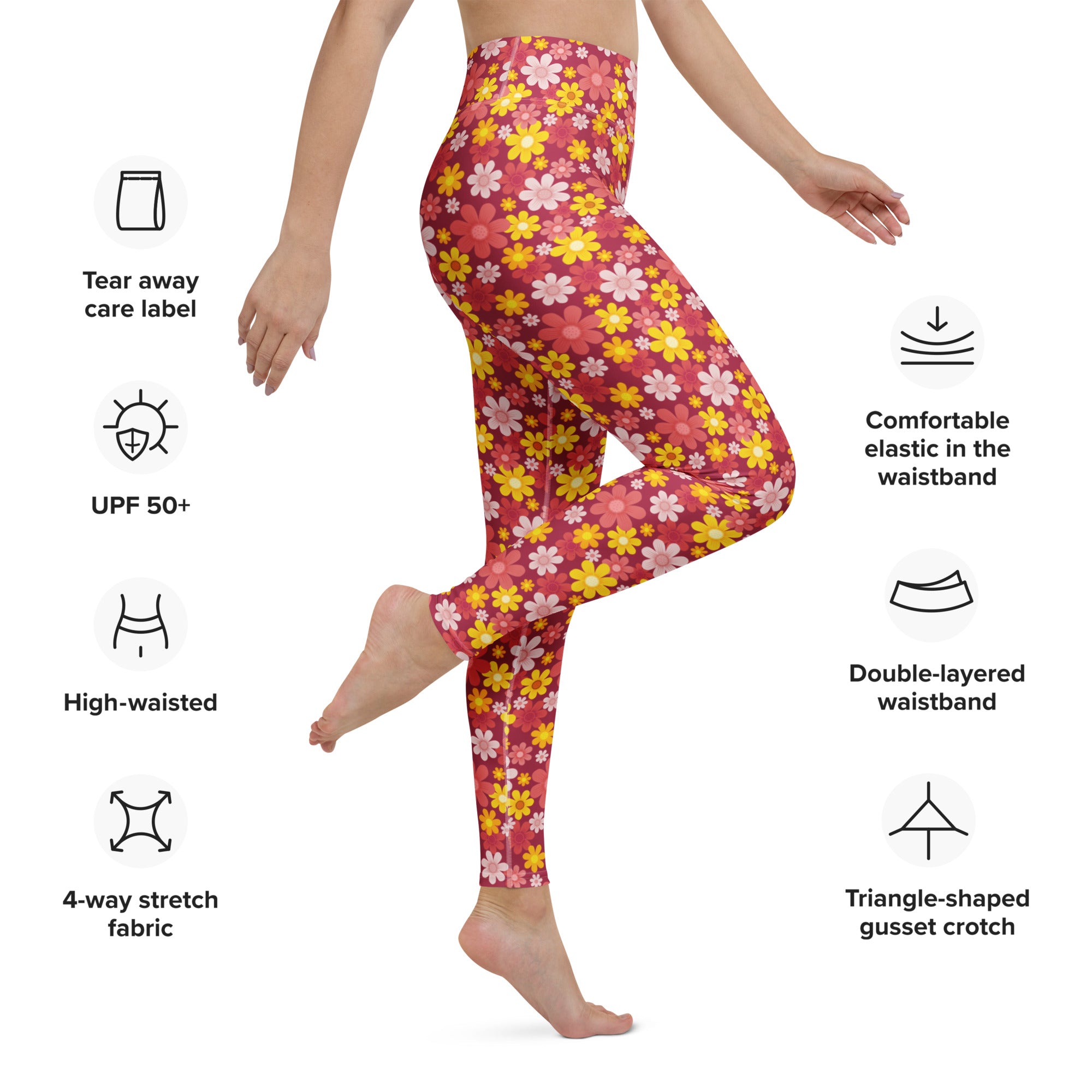 Women’s red floral buttery soft yoga leggings with vibrant high-waisted design in stretchy 4-way fabric