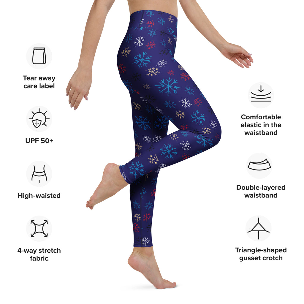 Women’s navy snowflake buttery soft yoga leggings with high waist and multicolored snowflake pattern