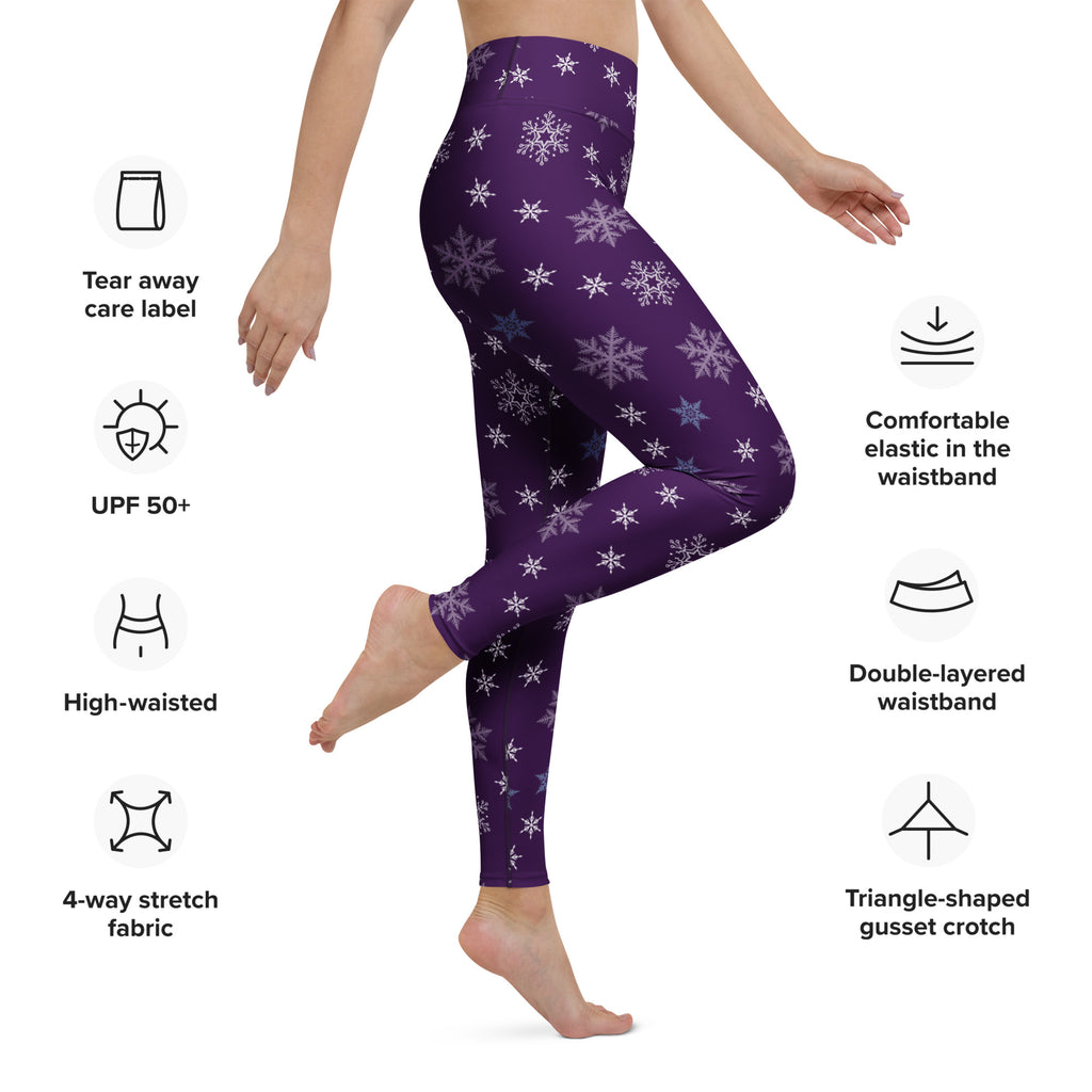 Women’s purple snowflake high-waisted yoga leggings made from buttery soft 4-way stretch fabric