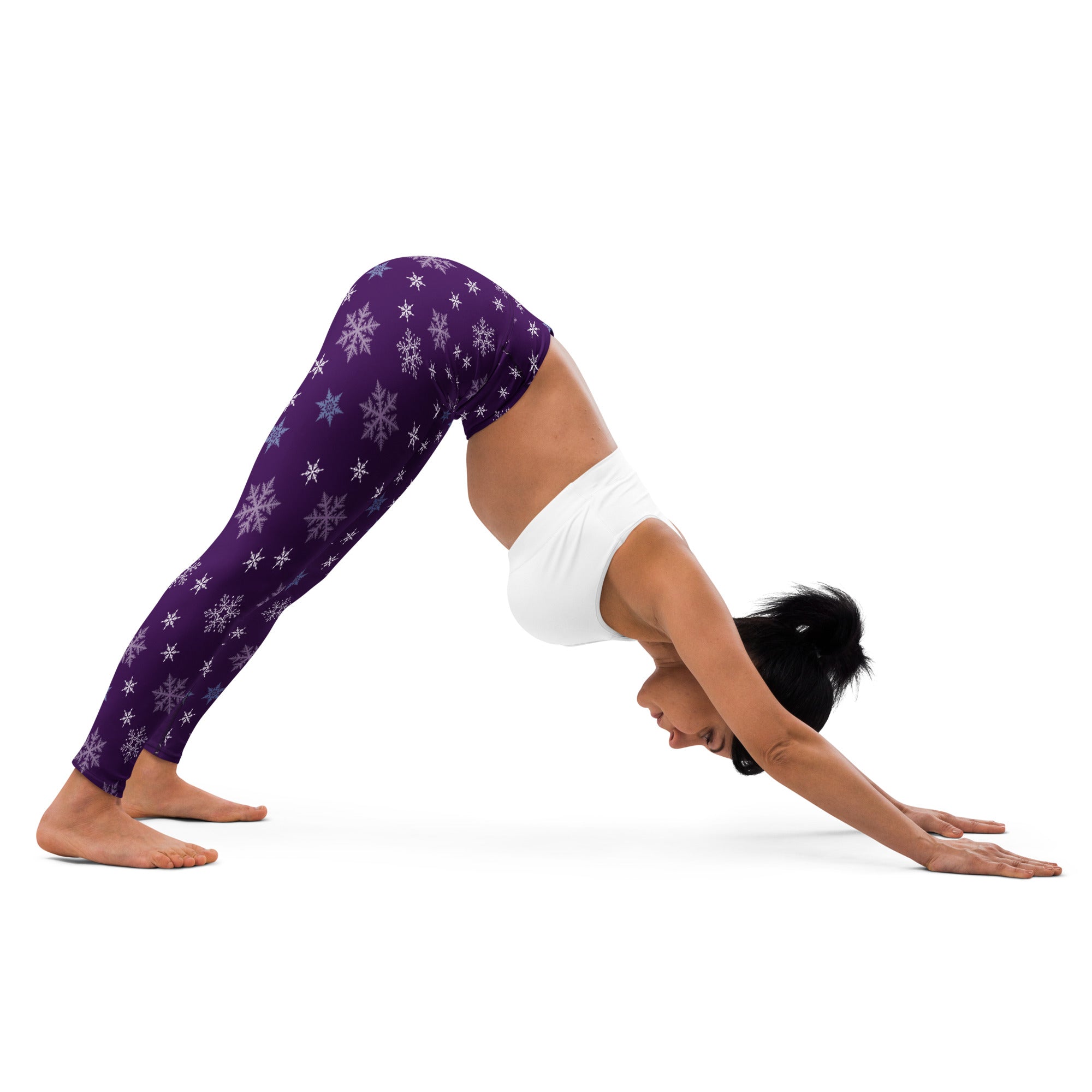 Women’s purple buttery soft yoga leggings with white and light purple snowflake pattern