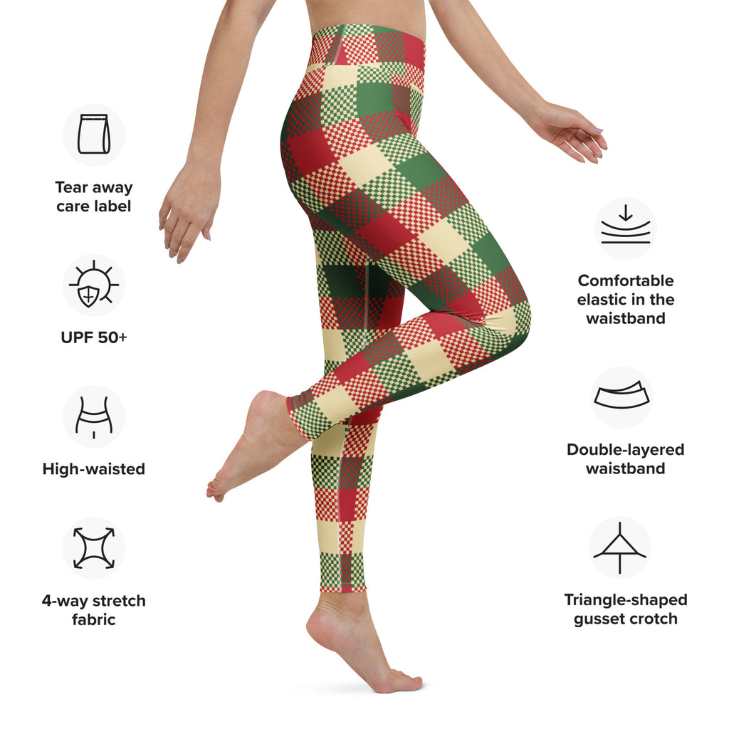 Women’s plaid christmas buttery soft high-waisted leggings in red green and cream with 4-way stretch fabric