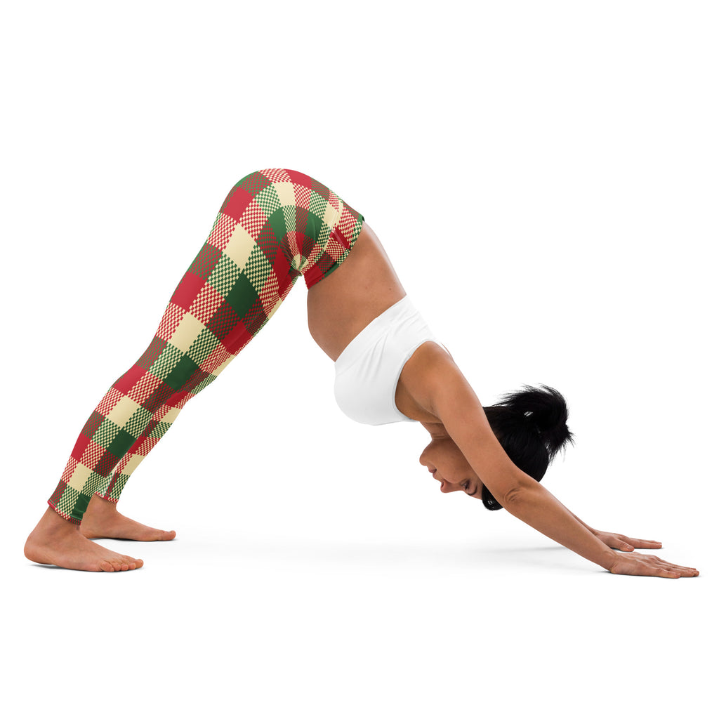 Women’s plaid christmas buttery soft yoga leggings in red green and beige perfect for festive workouts