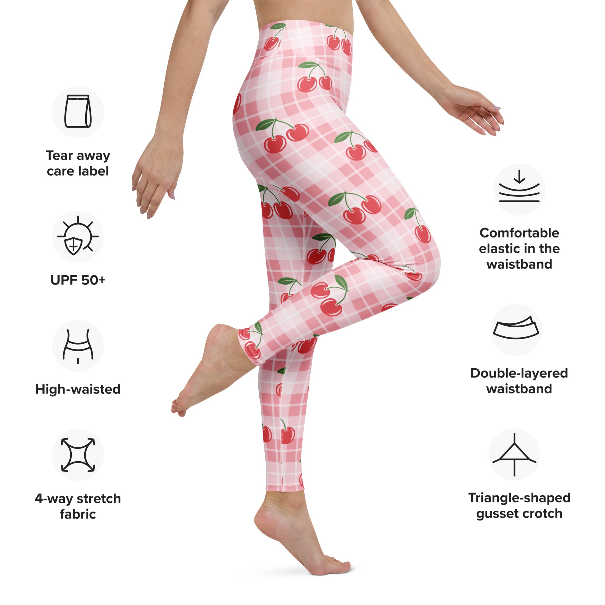 Women’s pink gingham cherry high-waisted leggings with plaid pattern and buttery soft 4-way stretch fabric