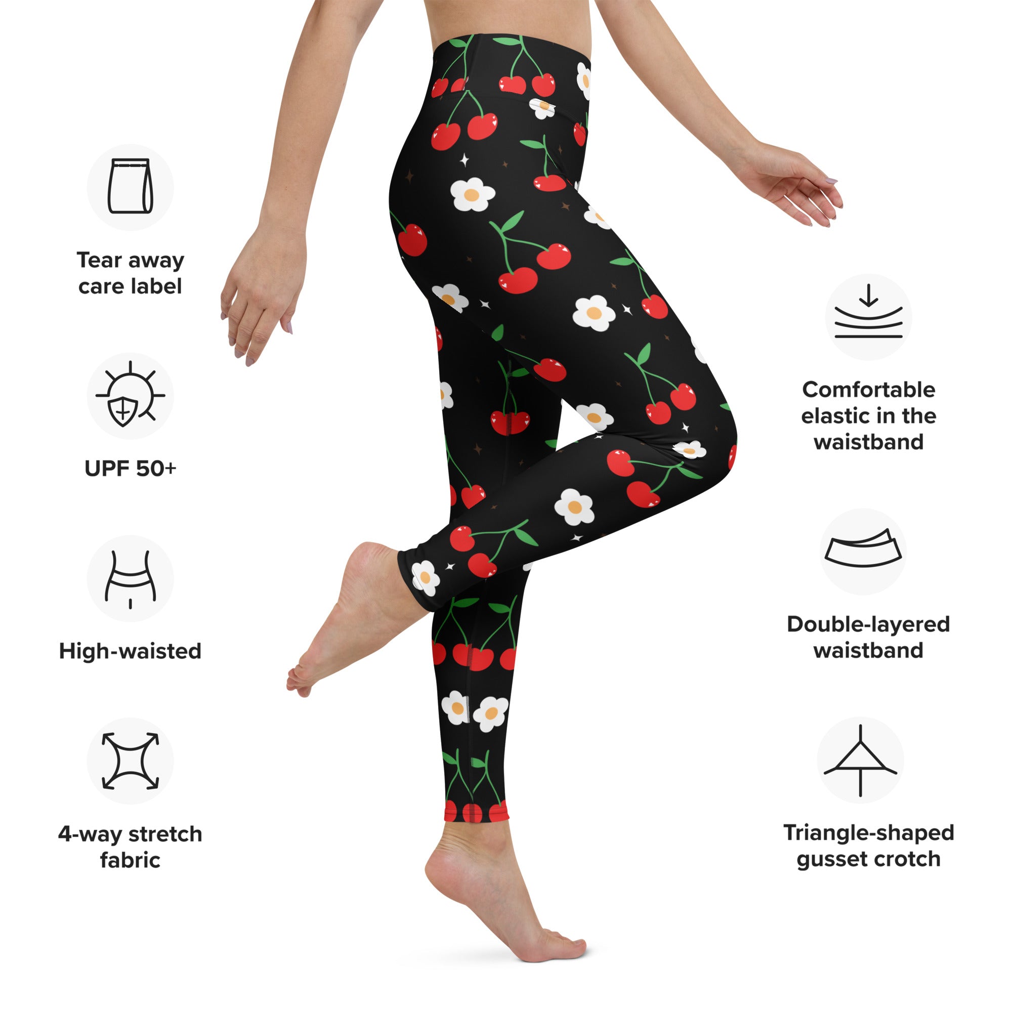 Women’s black cherry blossom buttery soft yoga leggings with red cherry and white flower playful pattern