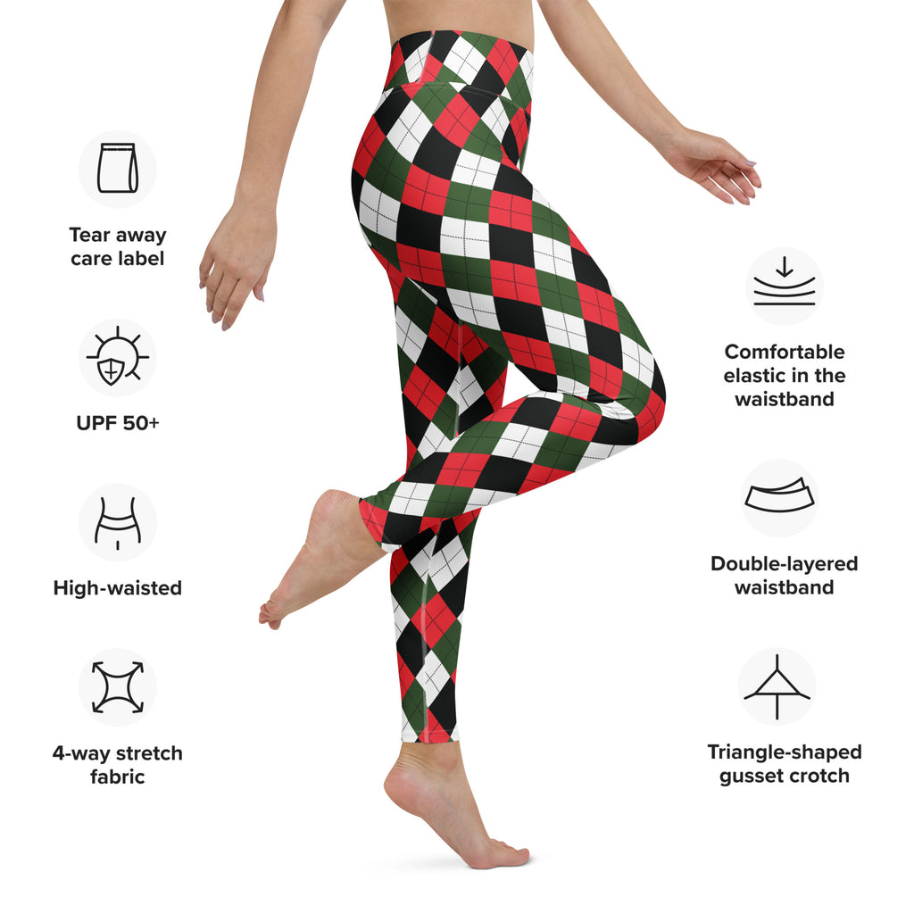 Women’s argyle christmas buttery soft high-waisted leggings in red green and black 4-way stretch fabric