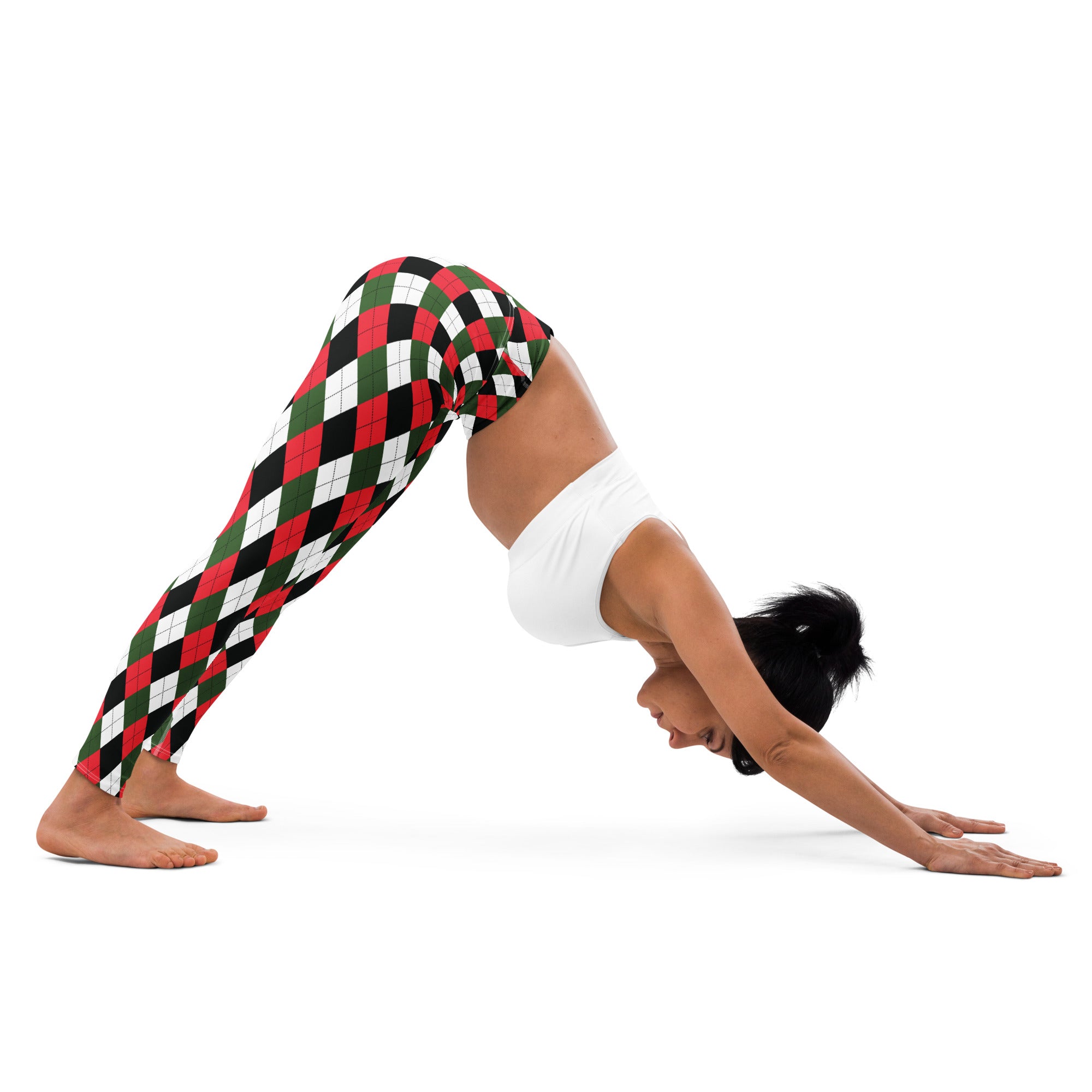 Women’s argyle christmas buttery soft yoga leggings in red green and black with a cozy stretchy fit