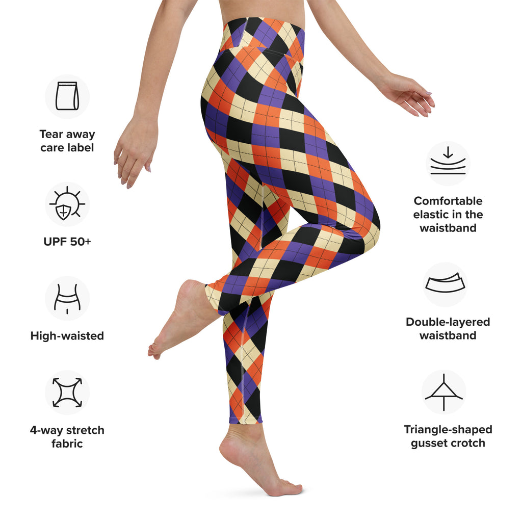 High-waisted women’s halloween argyle buttery soft yoga leggings with vibrant orange purple black and cream pattern