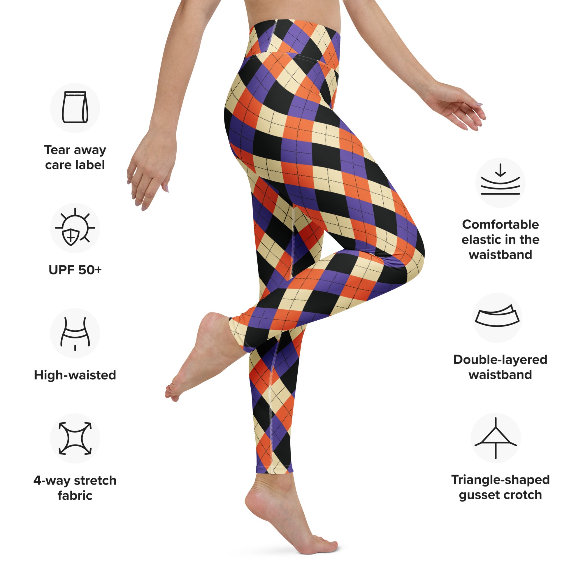 High-waisted women’s halloween argyle buttery soft yoga leggings with vibrant orange purple black and cream pattern