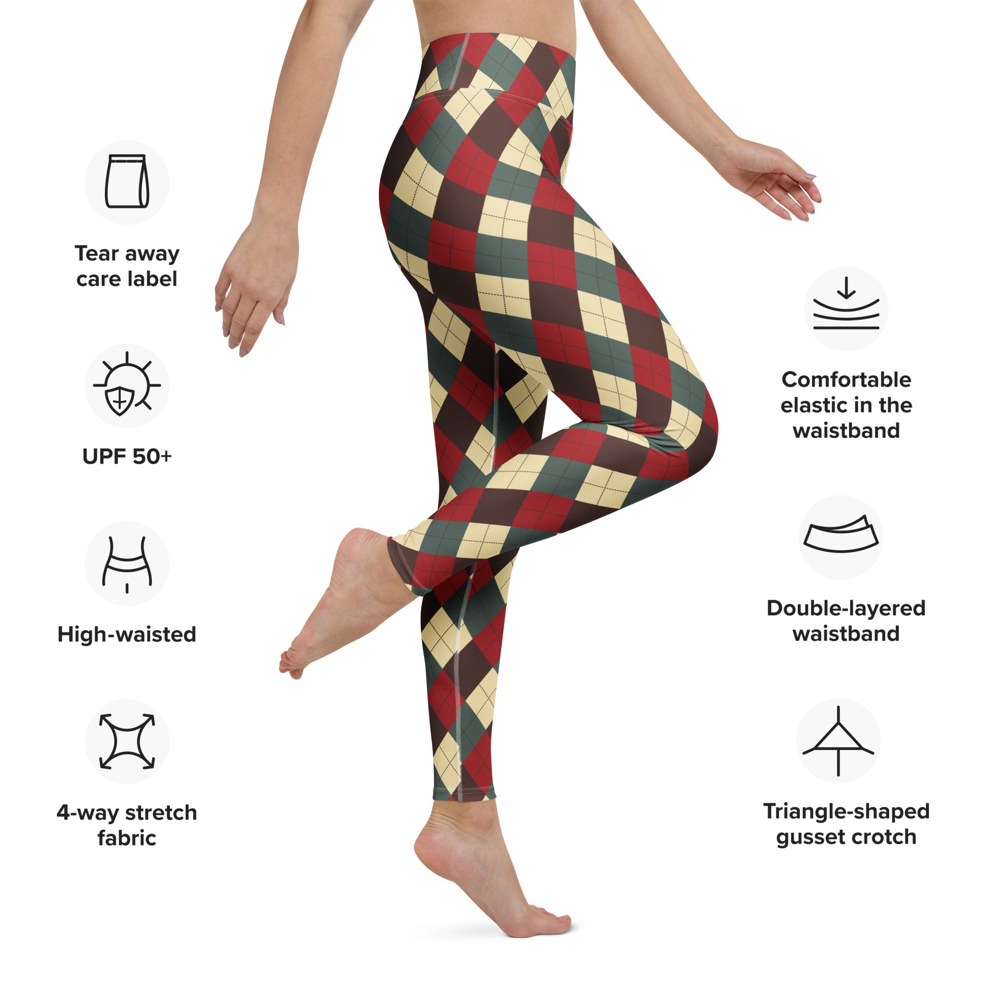 Women’s christmas themed argyle buttery soft yoga leggings in red green and cream made from 4-way stretch fabric