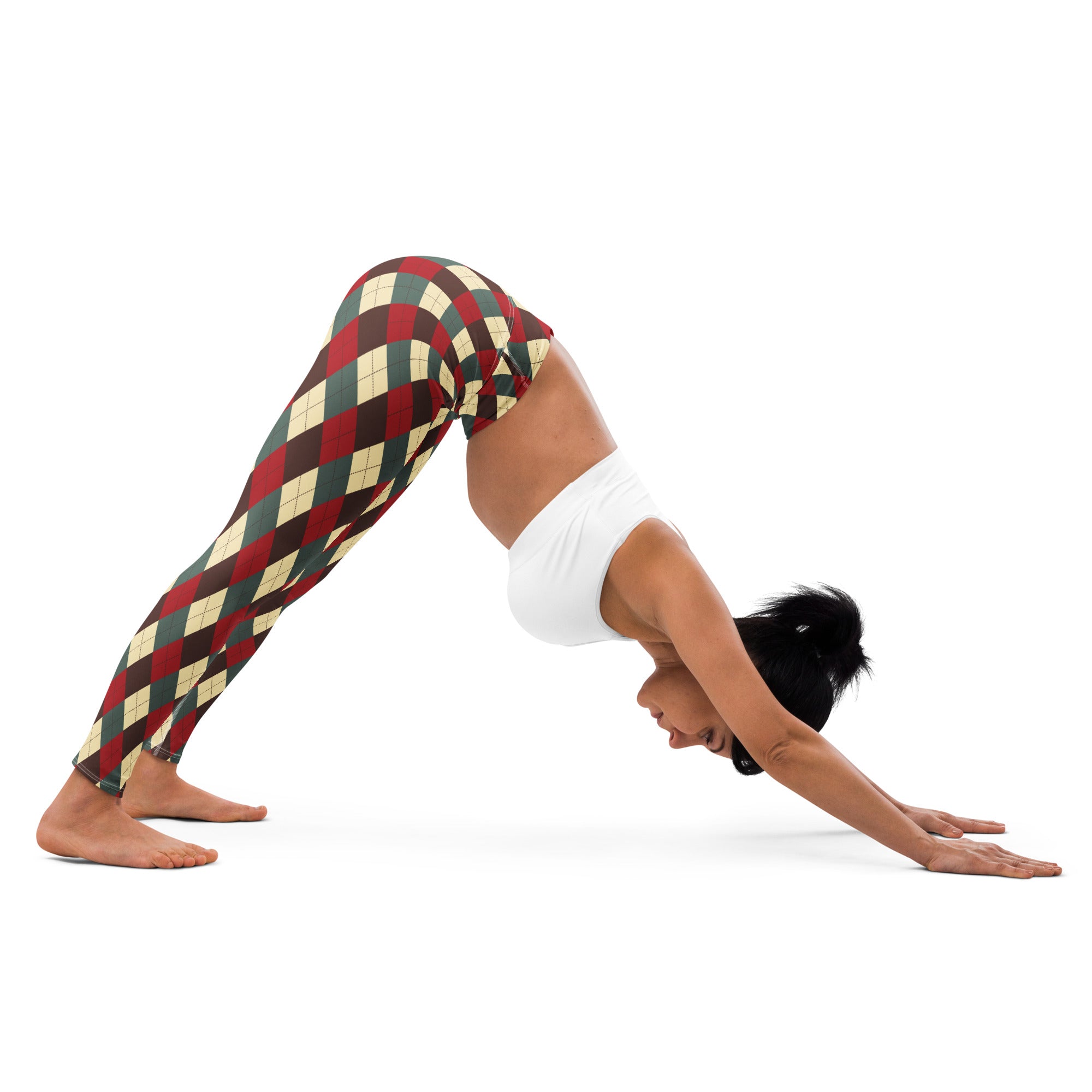 Women’s christmas themed argyle buttery soft yoga leggings in red green and cream with a festive pattern