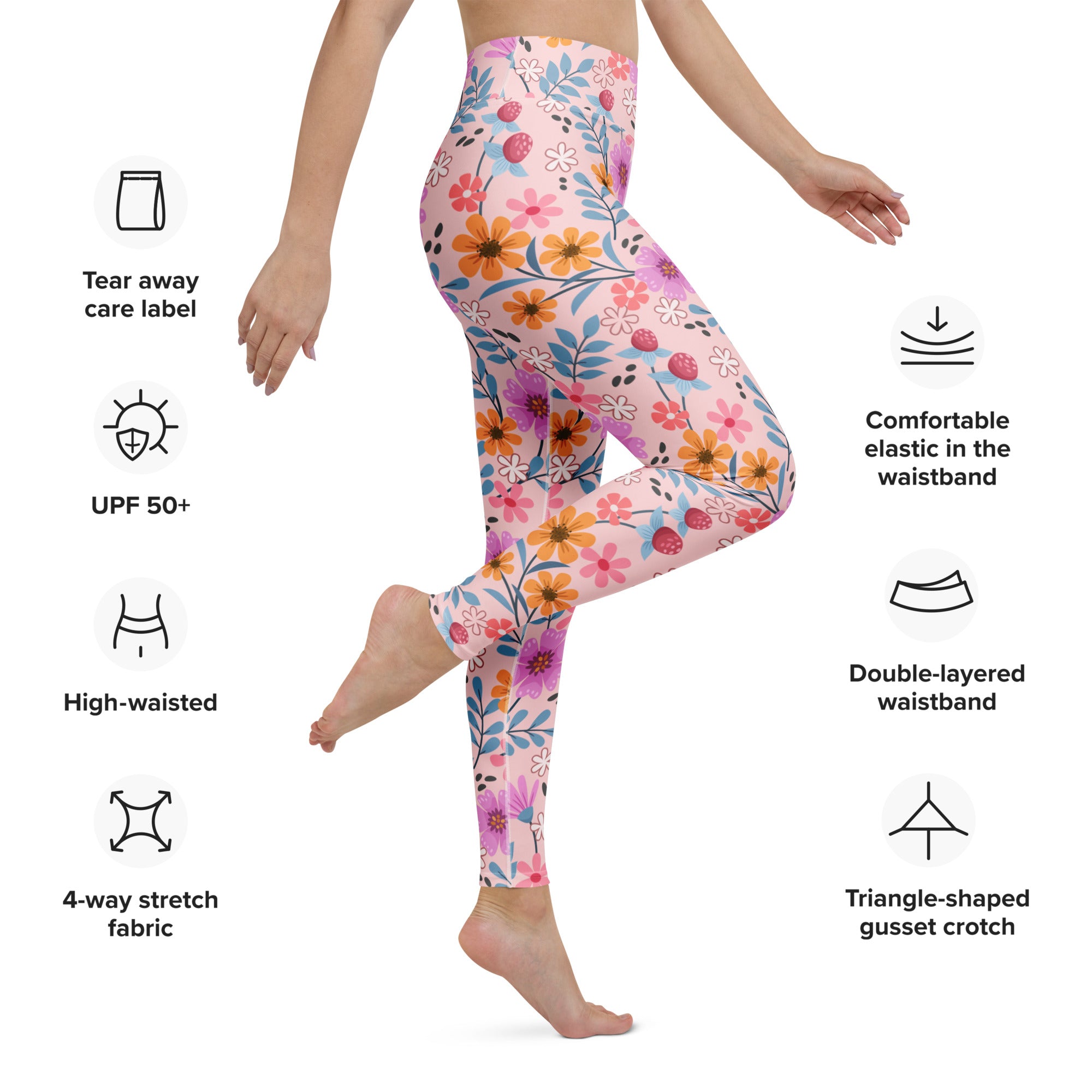 Women’s pink floral buttery soft yoga leggings with high-waisted double-layered waistband and 4-way stretch fabric