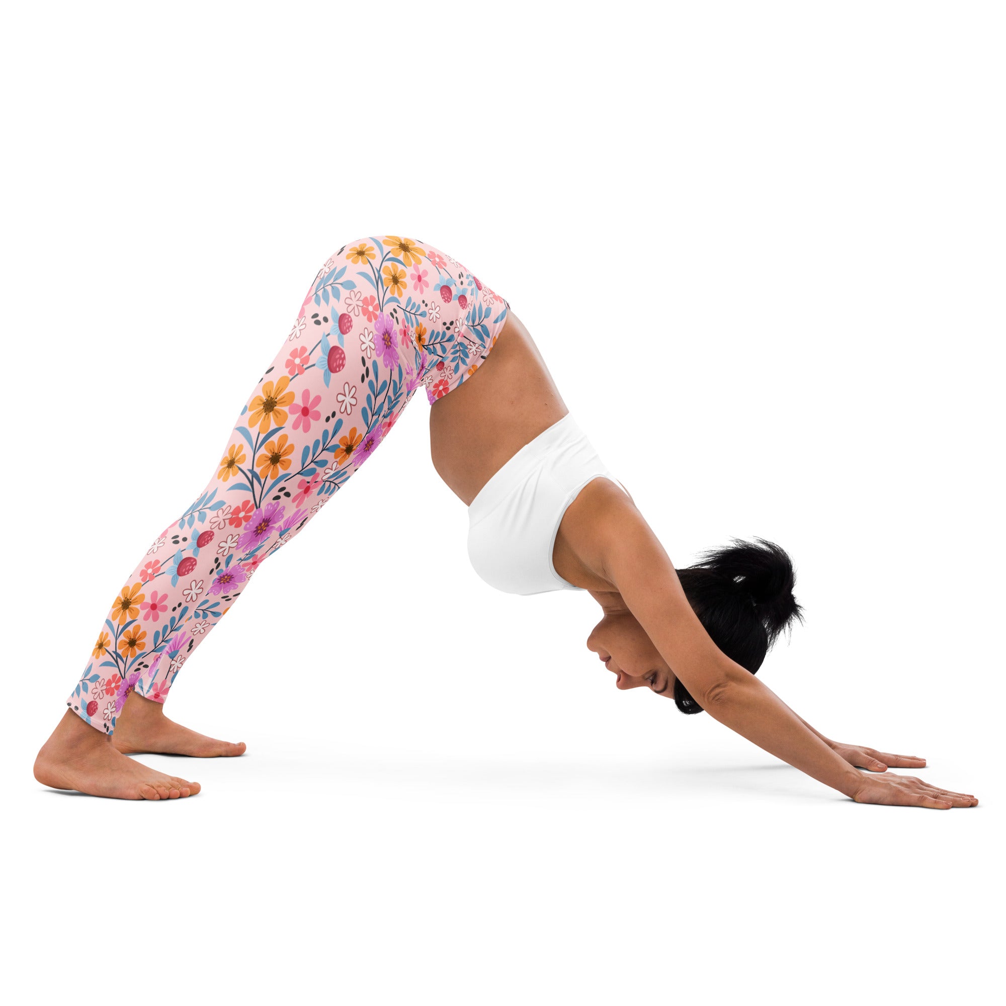 Women’s pink floral buttery soft yoga leggings with stretchy form-fitting design perfect for activewear