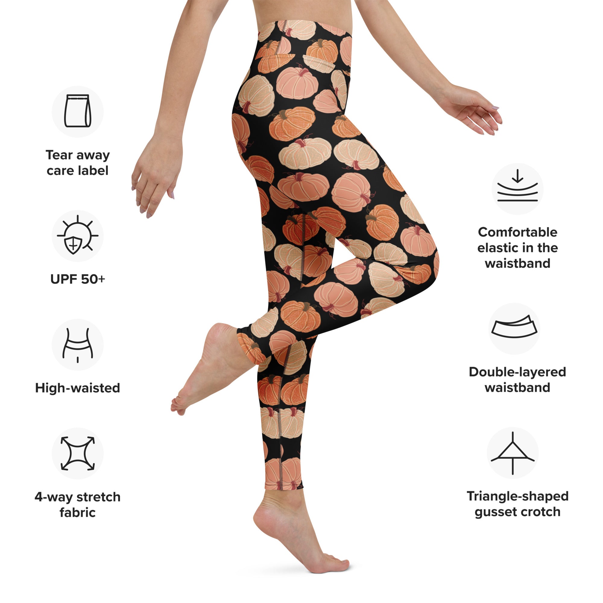 Women’s pumpkin patch buttery soft black leggings with vibrant orange and beige pumpkin pattern for yoga and casual wear