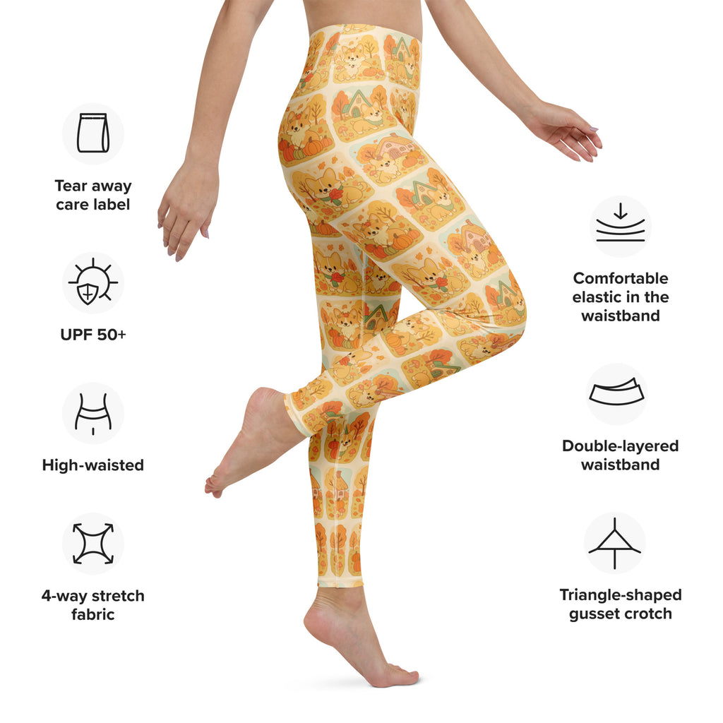 Women’s fall corgi buttery soft high-waisted leggings with orange and cream autumn-themed corgi pattern