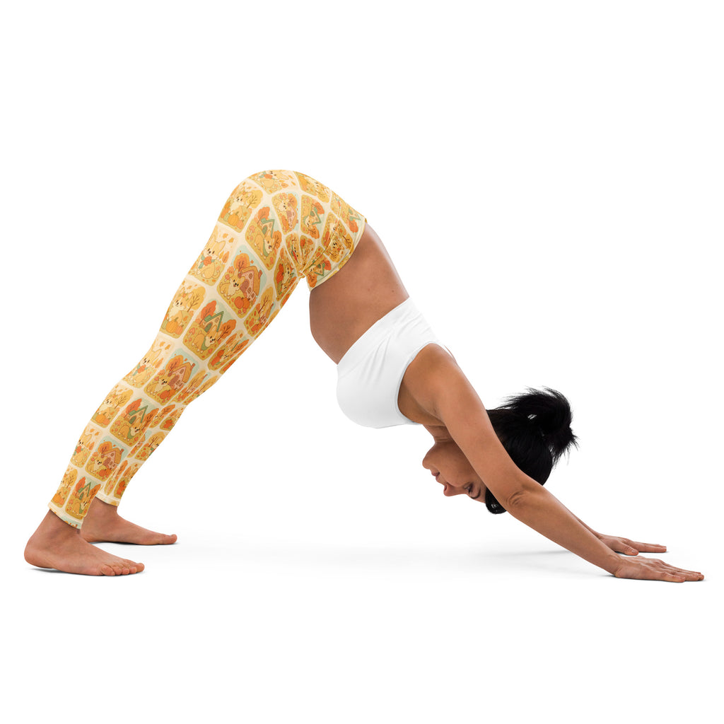 Women’s fall corgi buttery soft yellow yoga leggings with warm orange and beige cartoon dog face pattern