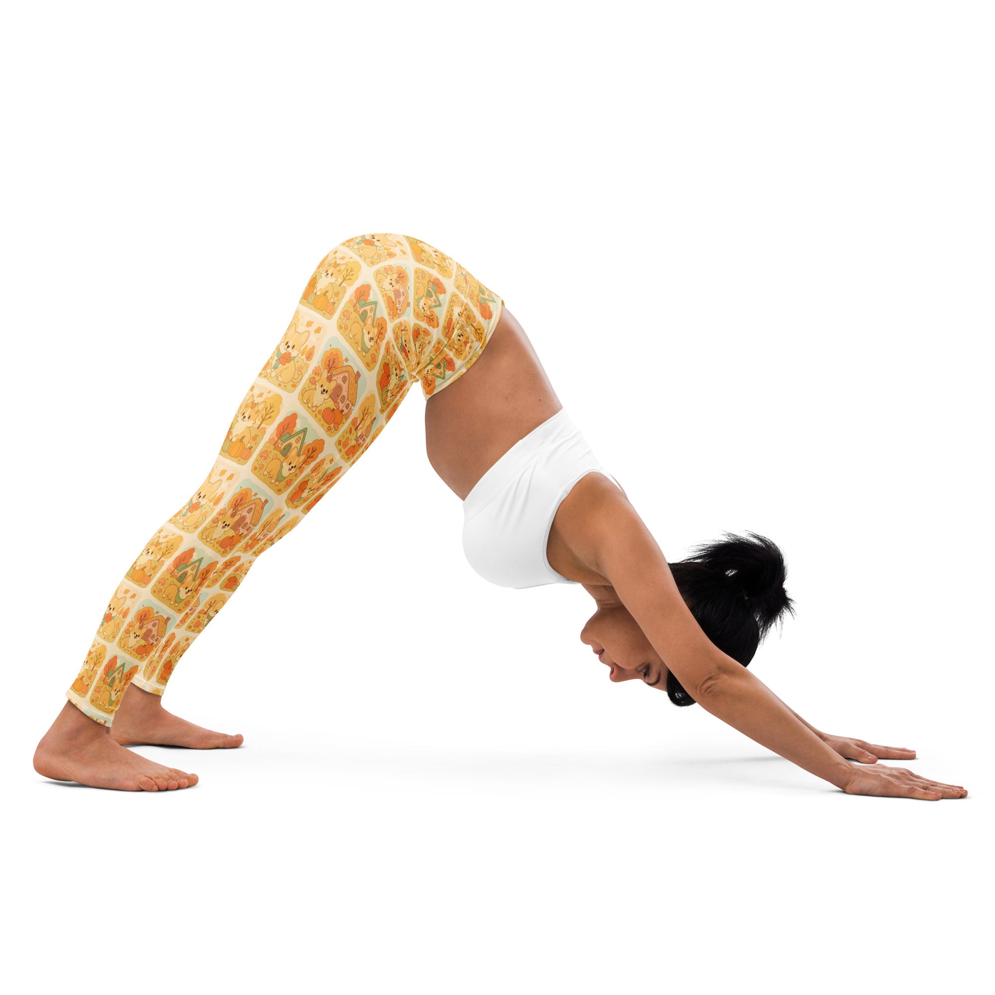 Women’s fall corgi buttery soft yellow yoga leggings with warm orange and beige cartoon dog face pattern