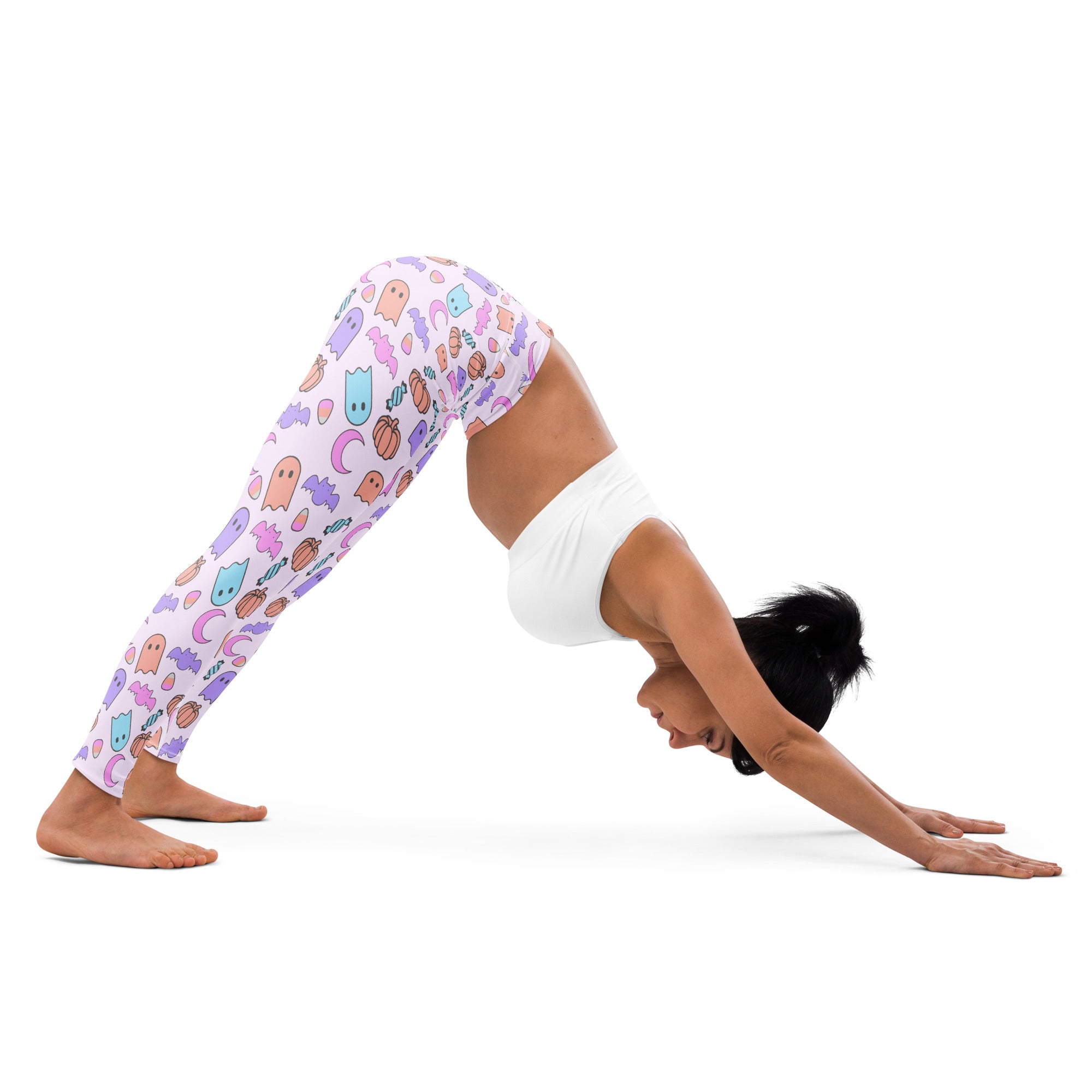 Women’s ghost halloween buttery soft yoga leggings in pastel purple blue and orange with cartoon ghost pumpkin and moon print