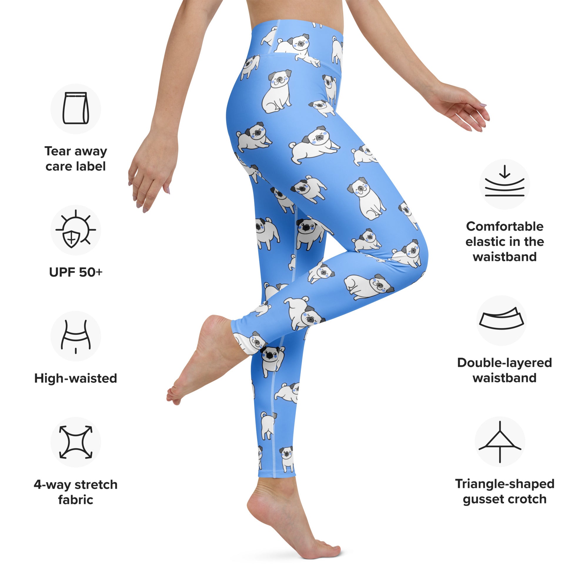 Women’s blue buttery soft yoga leggings featuring a playful pattern of white pug dogs