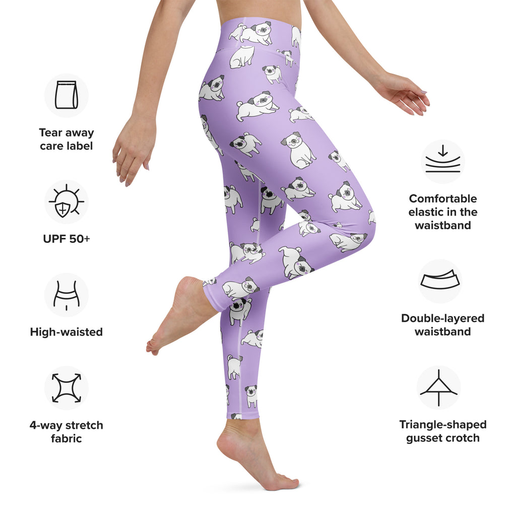 Women’s purple buttery soft yoga leggings with a playful white and gray pug dog pattern