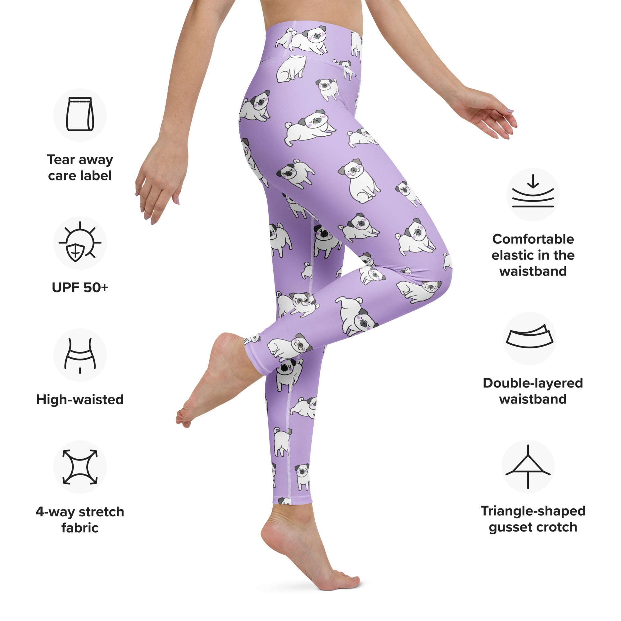 Women’s purple buttery soft yoga leggings with a playful white and gray pug dog pattern