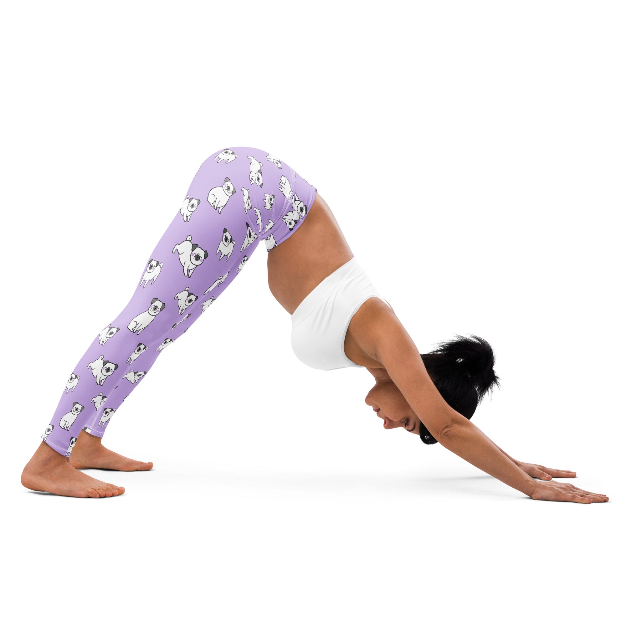 Lavender buttery soft women’s yoga leggings with playful white pug illustrations all over design