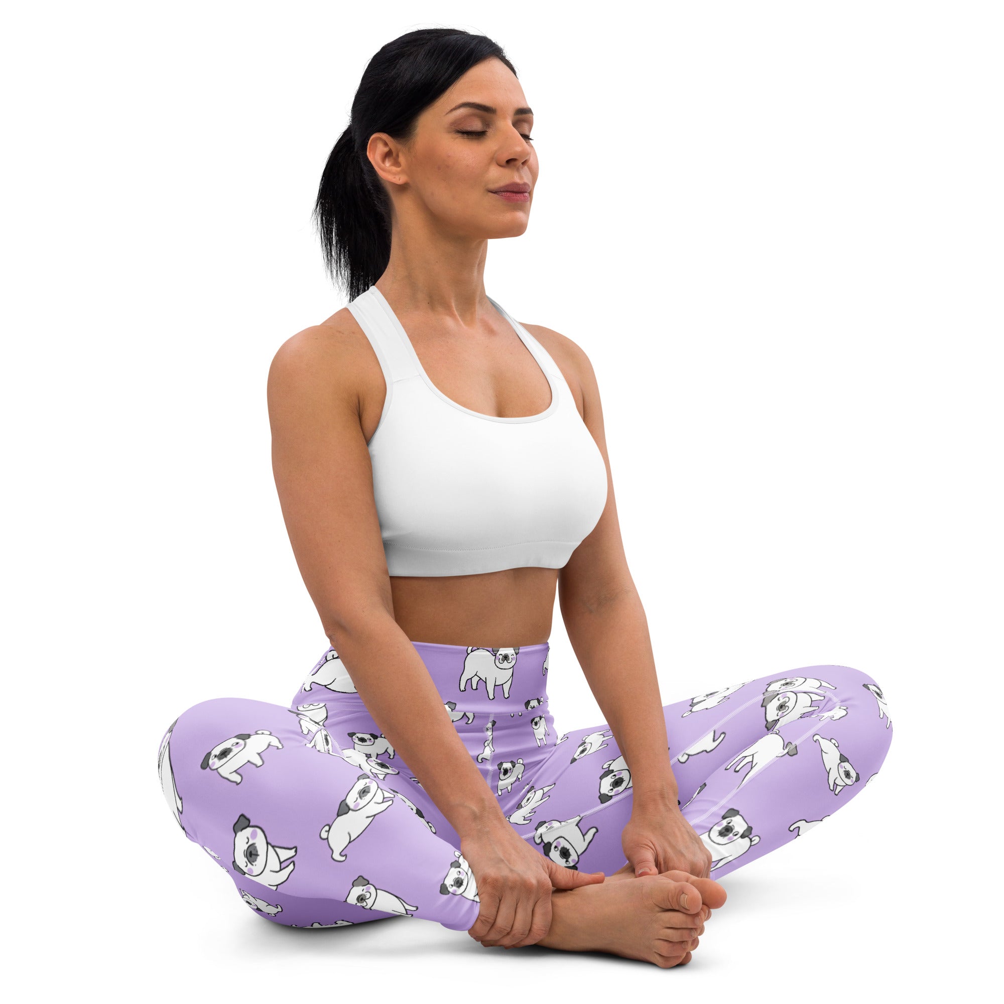 Women’s purple pug buttery soft yoga leggings in lavender with a playful white pug dog pattern