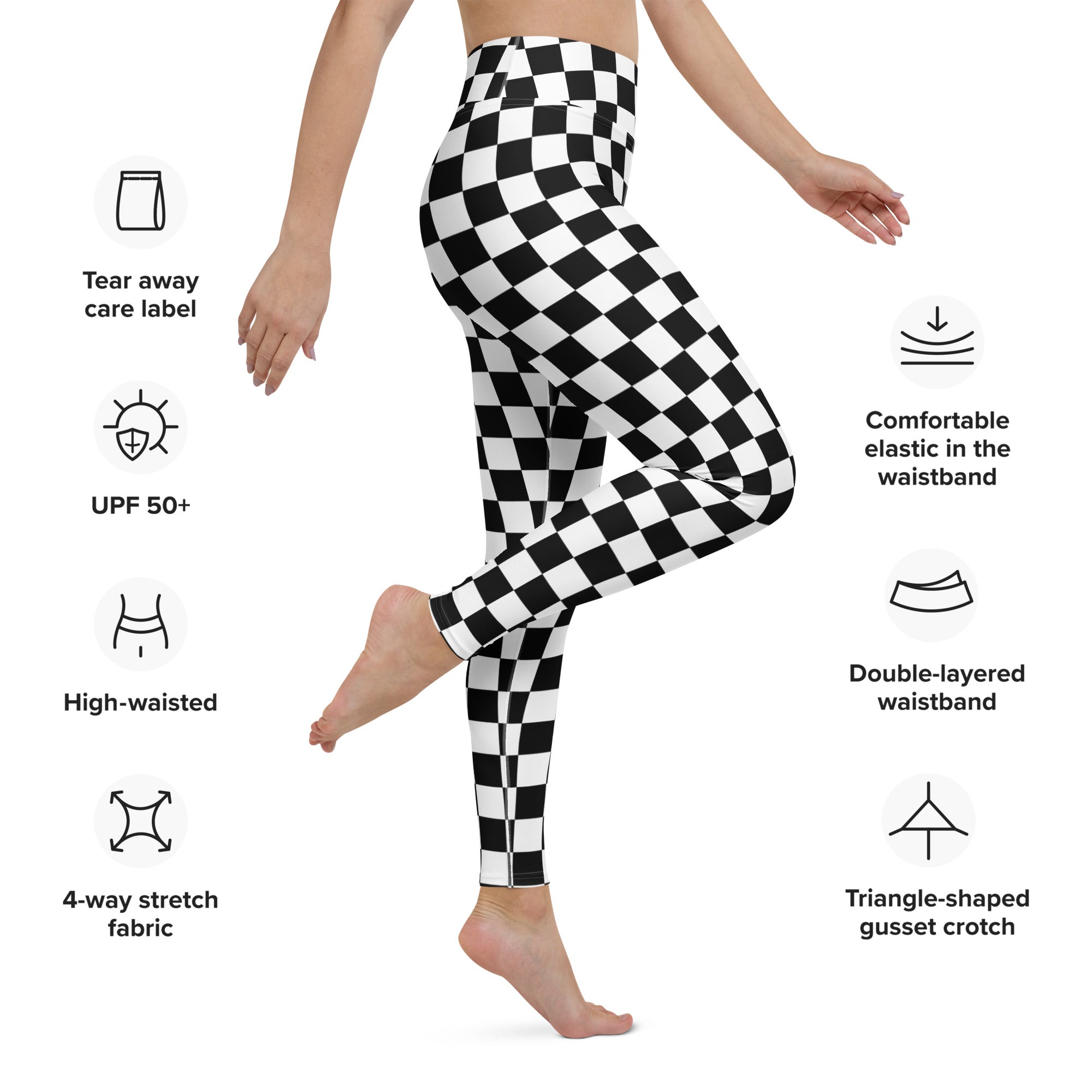 Women’s checkerboard buttery soft yoga leggings in black and white checkered high-waisted 4-way stretch fabric