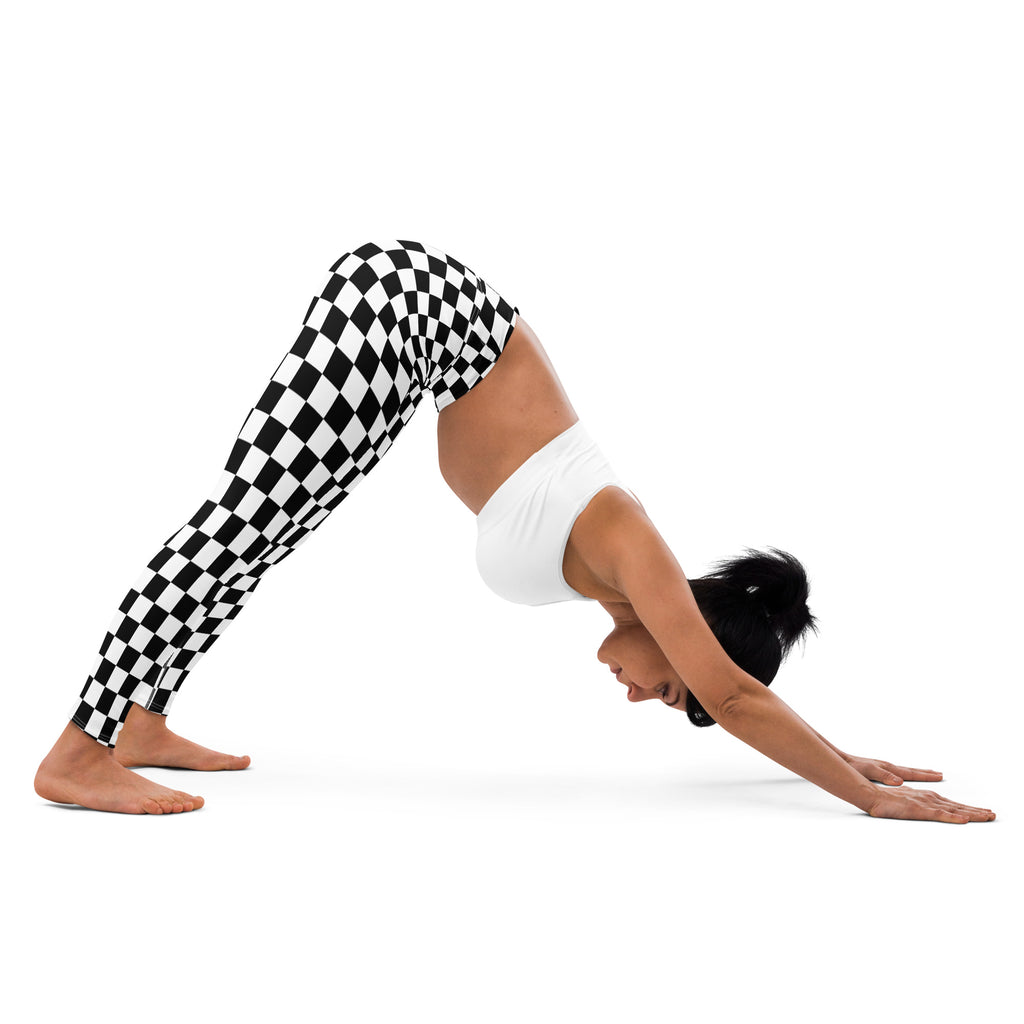 Women’s black and white checkered buttery soft yoga leggings shown from the back for comfortable activewear
