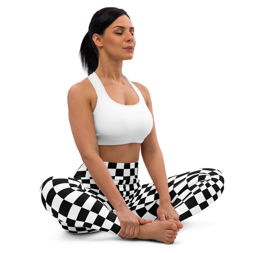 Black and white checkered womens buttery soft yoga leggings with high waistband shown from the back side
