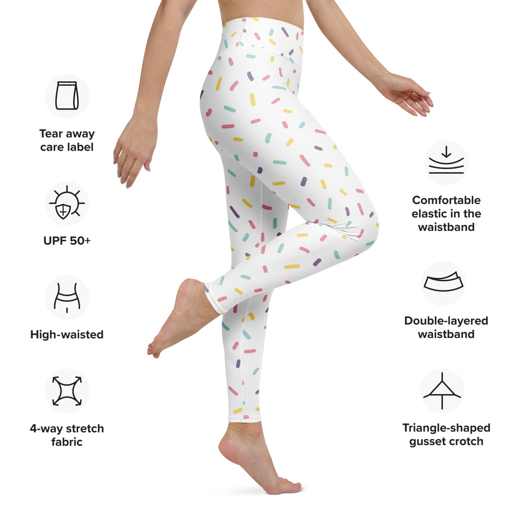 White buttery soft women’s yoga leggings with a playful pattern of multicolored sprinkles