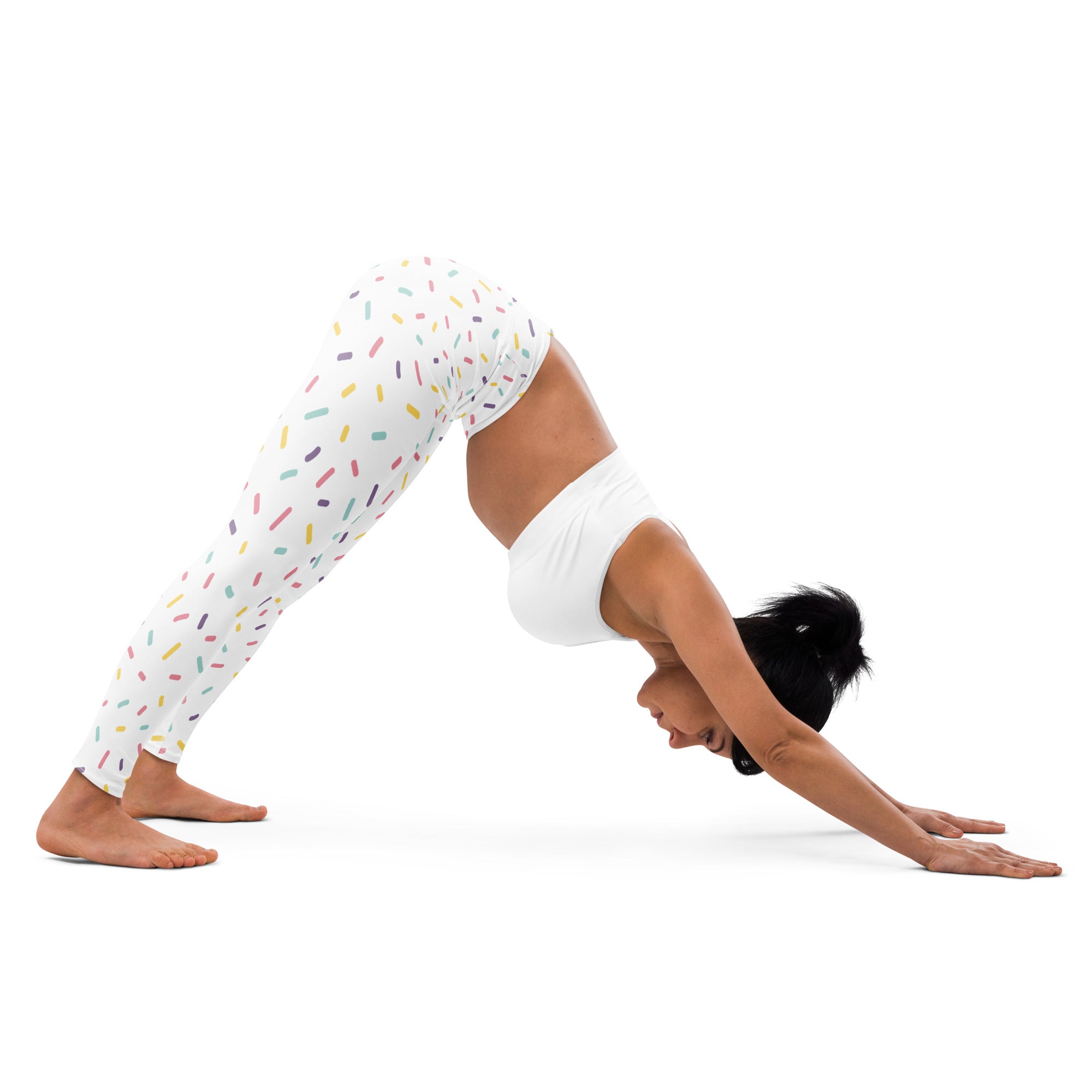 White buttery soft women’s yoga leggings with a playful multicolored sprinkle pattern