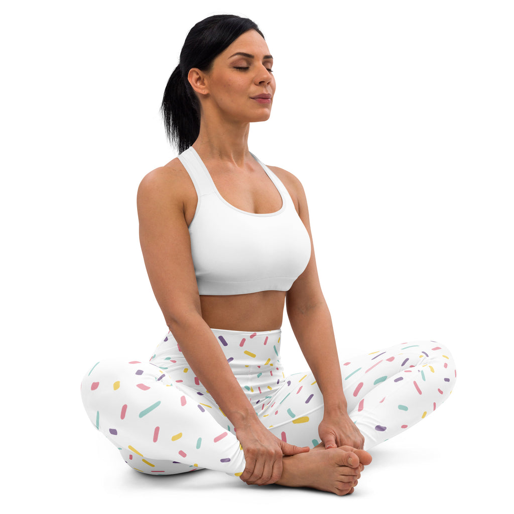 White women’s buttery soft yoga leggings with colorful sprinkle pattern perfect for activewear and comfort